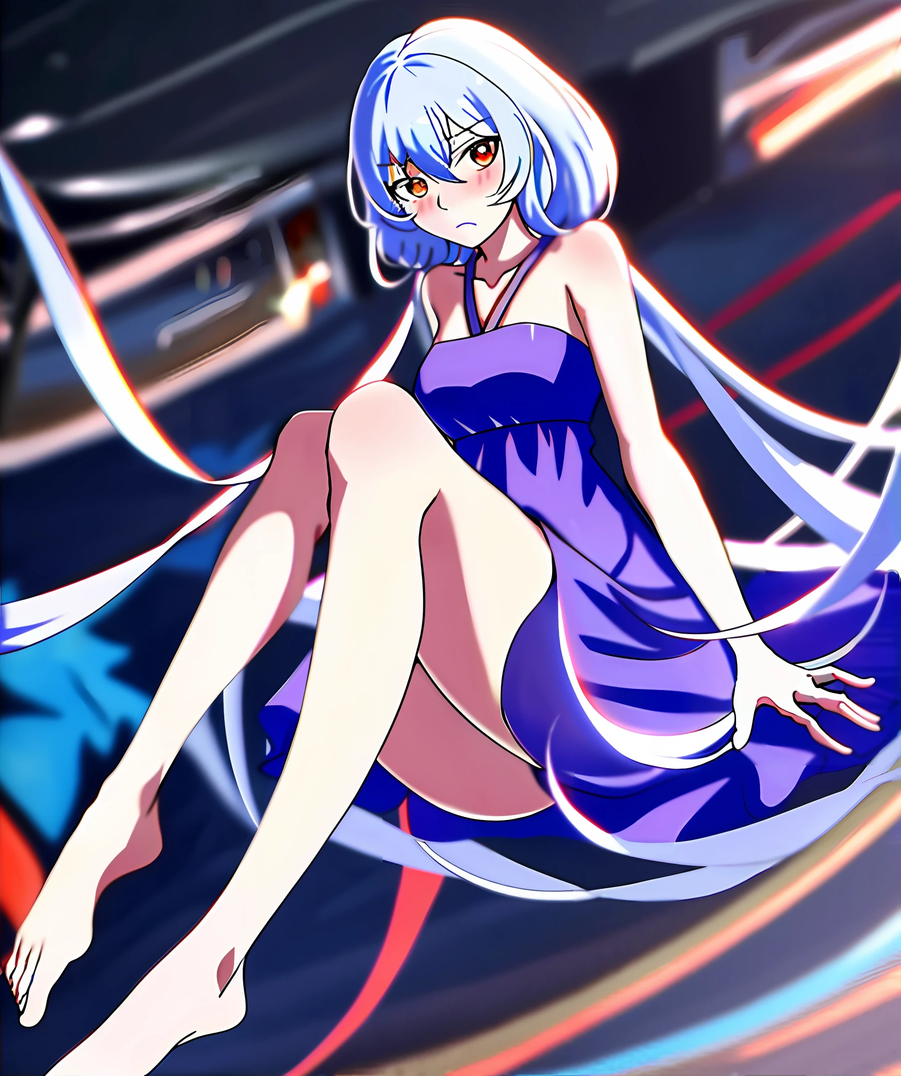 Anime, sexy, M open legs, female, prominent feet, cool tones, red pupils, blue-white hair, asymmetrical dress, expressionless face, blushing, bare feet, unknown white viscous liquid on feet, master works