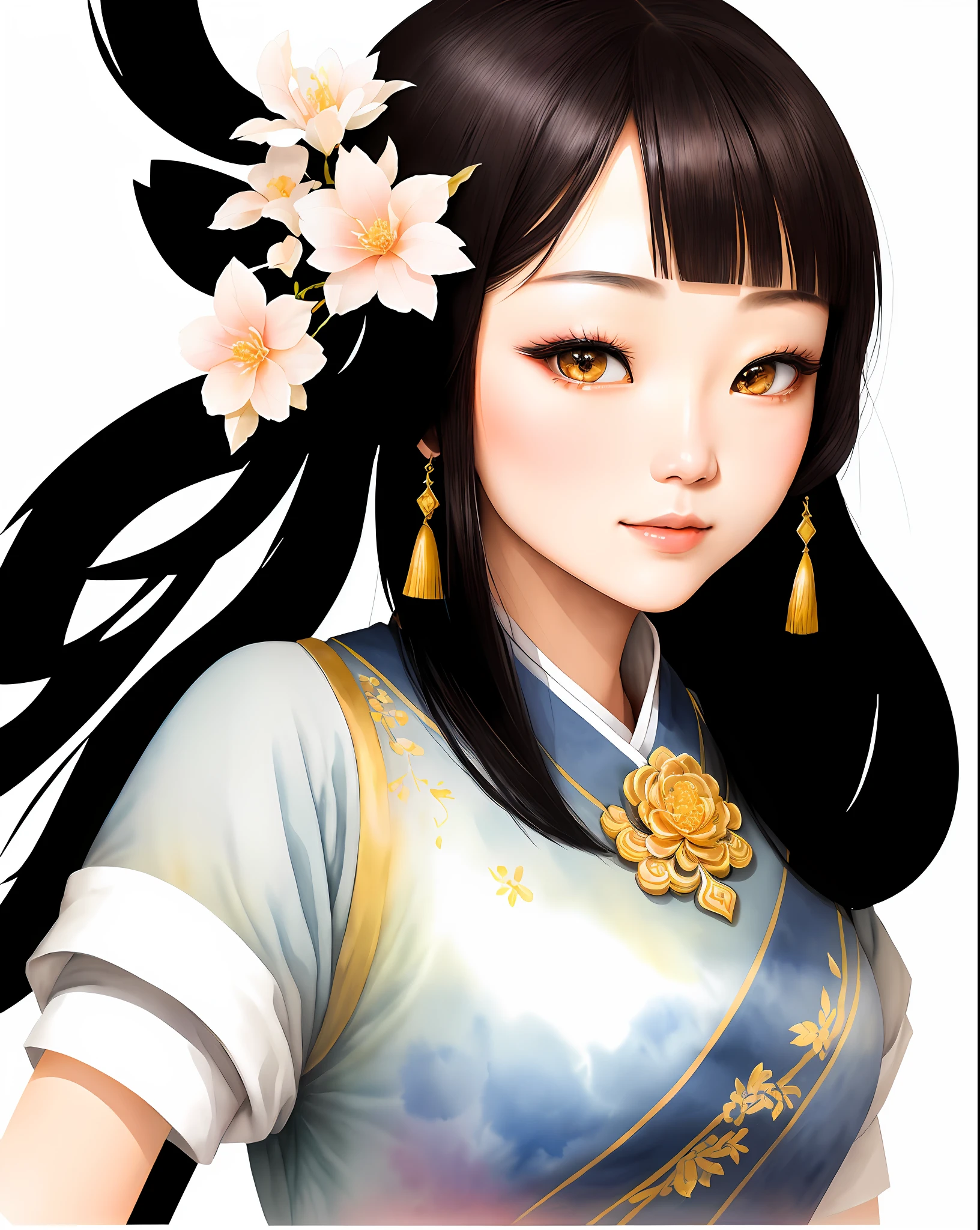 Short shot, 1model miaobishenghua sparkling eyes 妙笔生花, prompt painting miaobishenghua of a 17th century mansion, England, watercolor vivid tones.