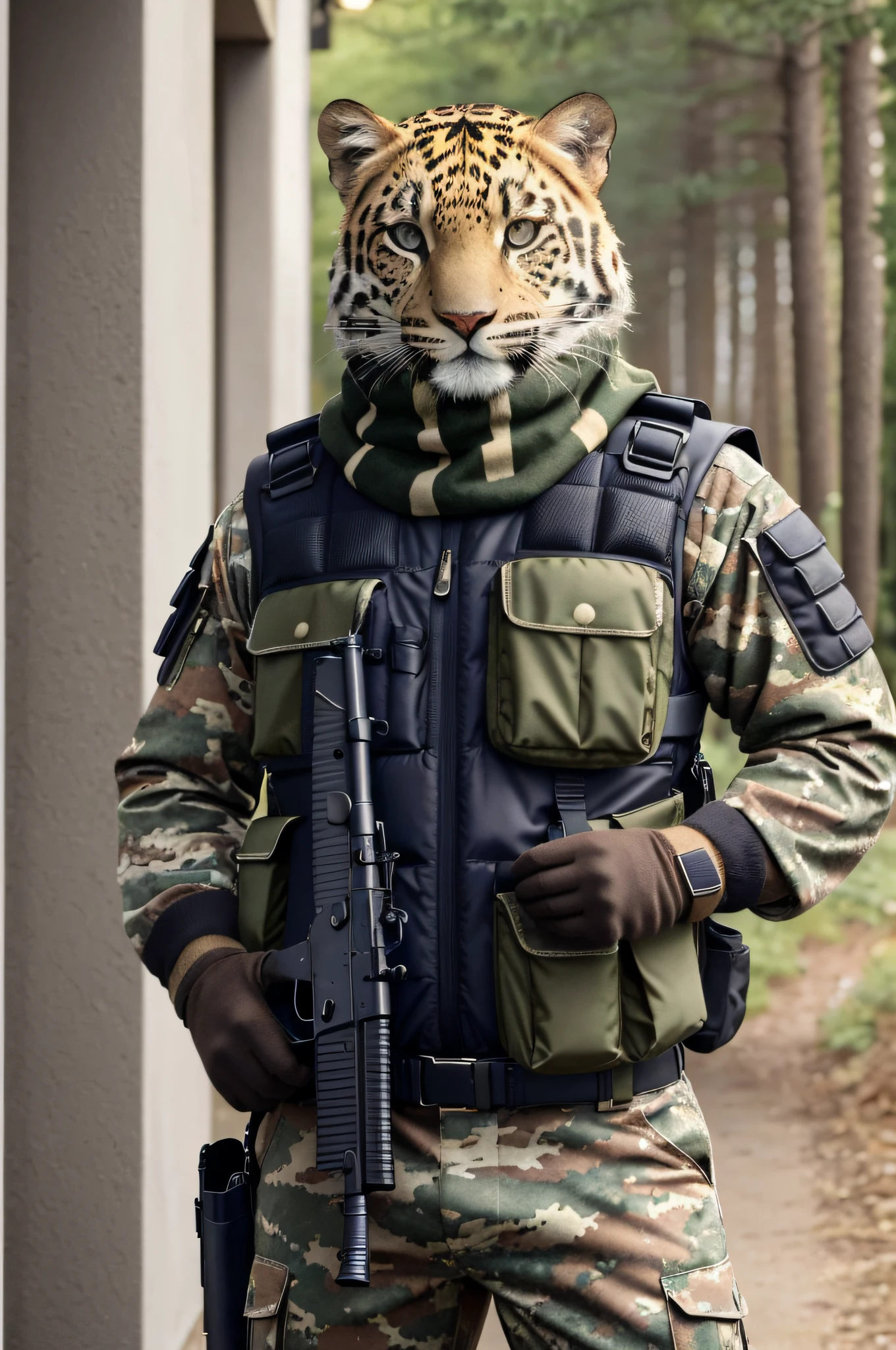 absurdres, (realistic: 1.5), (masterpiece, extremely detailed CG unit 8k wallpaper, best quality, highres: 1.2), (ultra_detailed, UHD: 1.2), perfect lighting, unreal engine, side lighting, (dark background: 1.4), (jaguar: 1.3), (jaguar tabby: 1.2), (camouflaged jaguar:1.2), (no humans:1.2), (hairy:1.1), animal focus, animal, ground, standing, gun, gun, rifle, assault rifle, gloves, holding,  holding gun, holding gun, military, whiskers, cargo vest, purse, holster, camouflage, purse, scarf, blurred background