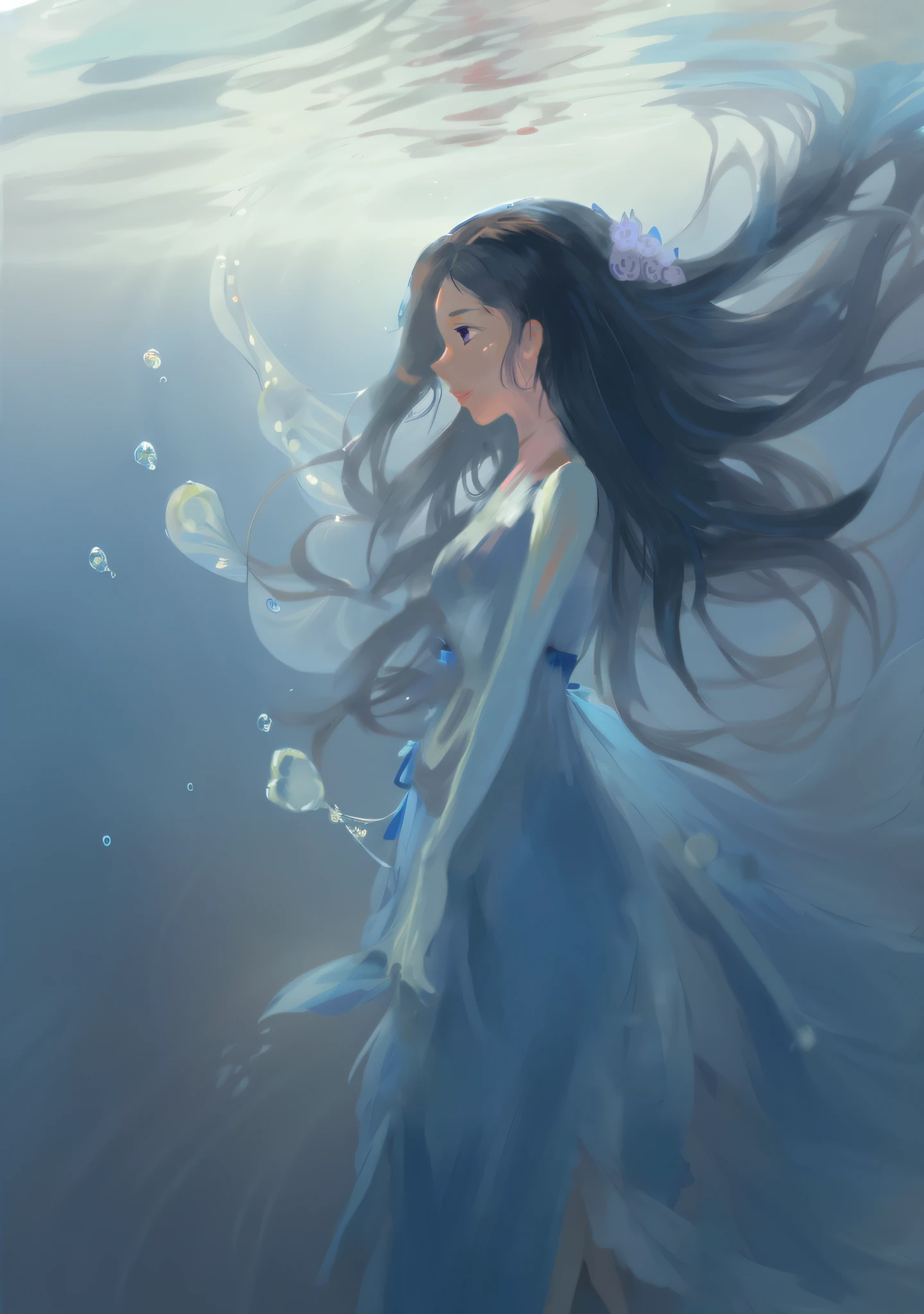 anime girl in a blue dress blowing her hair in the water, anime girl walking on water, a beautiful artwork illustration, painted in anime painter studio, jellyfish shrine maiden, asian female water elemental, made with anime painter studio, soft anime illustration, wallpaper anime blue water, water fairy, ethereal anime, beautiful anime artwork, beautiful anime art, soft digital painting