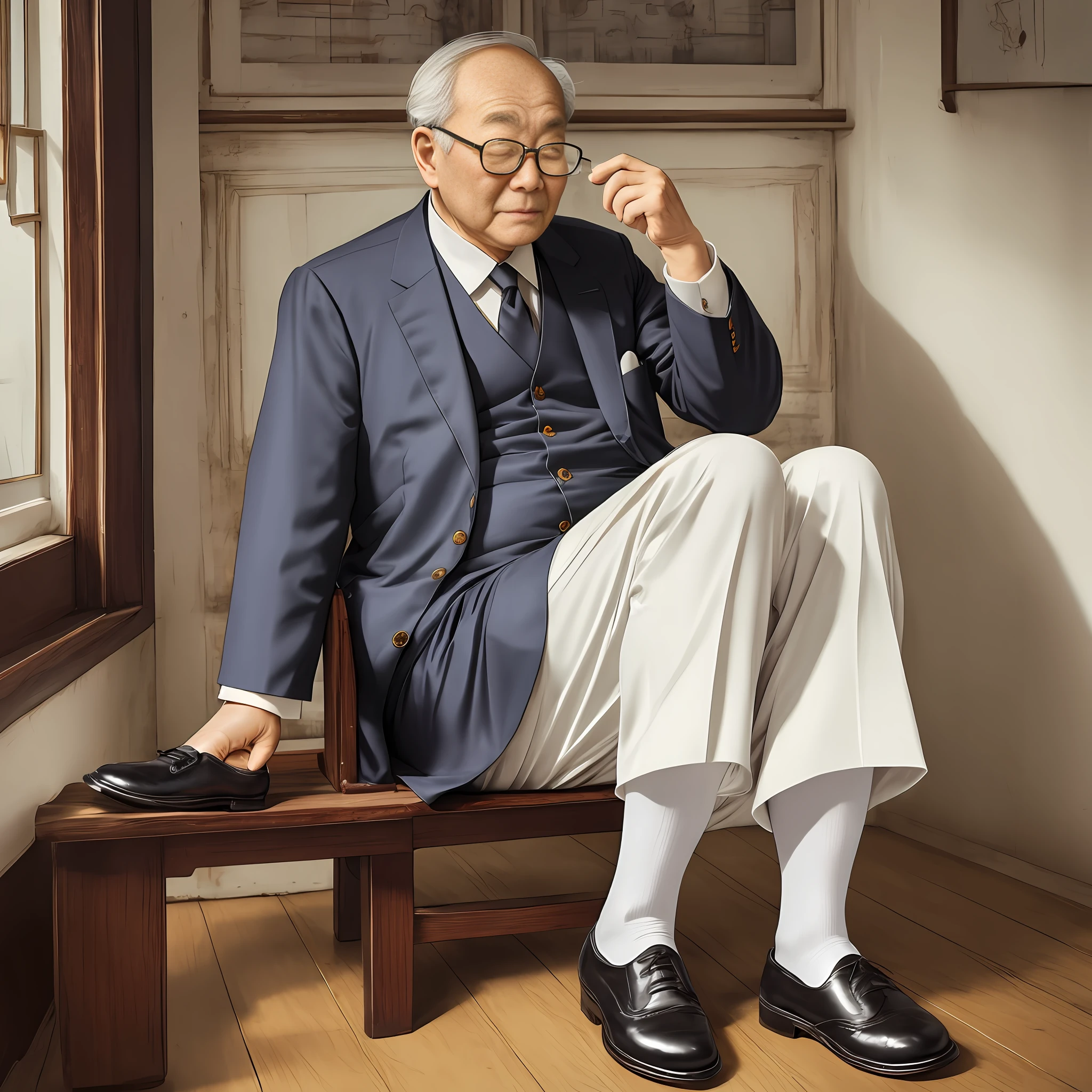 Suit Leaky ankle White stockings Chinese old man slightly fat Elegant Atmospheric Kind old man Old man Old man Wearing glasses Wearing leather shoes Old gentleman Doctor