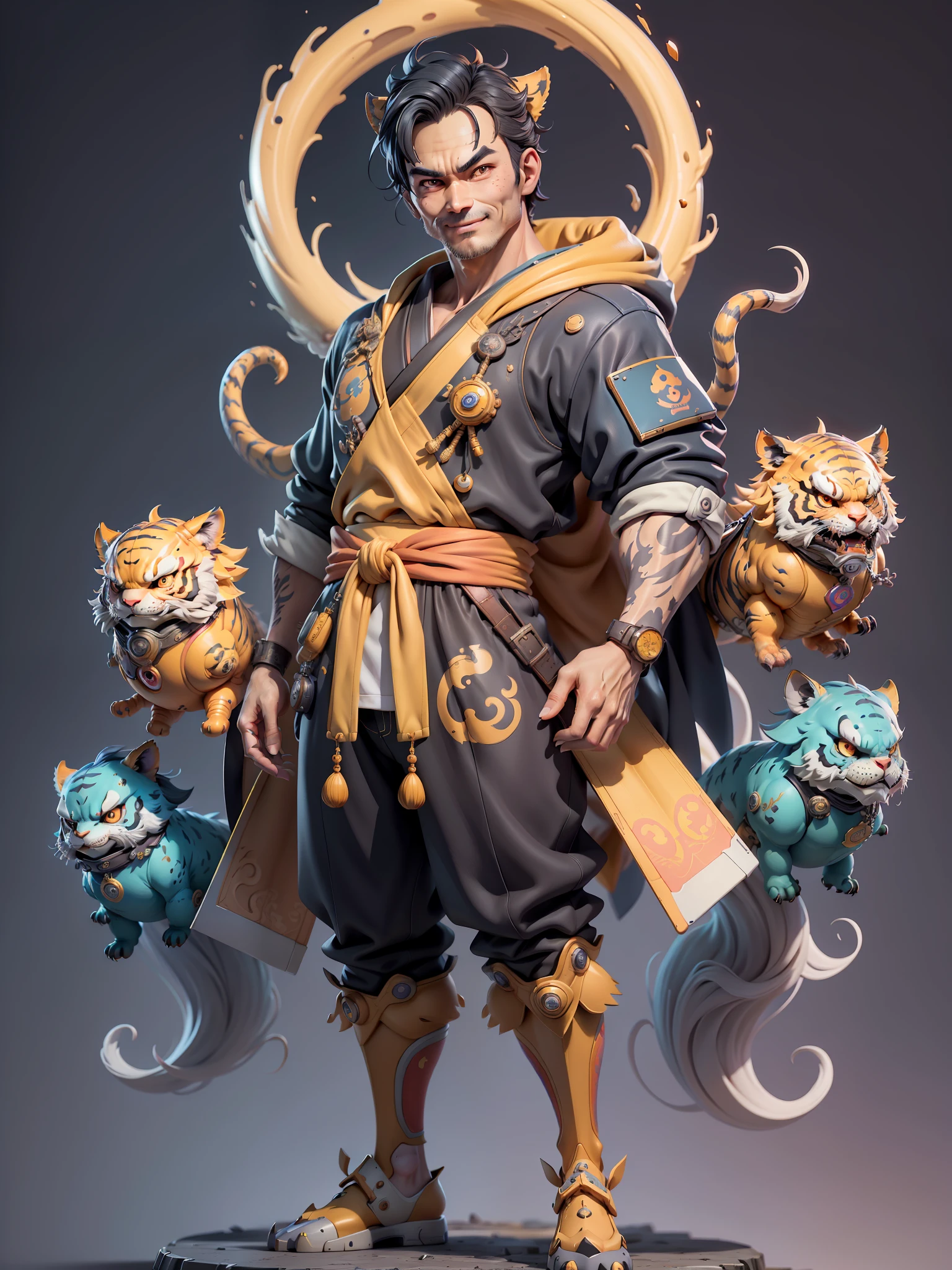 (Masterpiece), (Excellent), (Super Meticulous), (Full Body: 1.2), Super Young Man with Japanese Female Geisha, Beauty, Chinese Dragon, Tiger, Wind God Thor, Sexy, Bursting, Oriental Face, TV Anchor, Bust Portrait Illustration, Black Suit, Blue Tie, Slightly Chubby, Very Clean Face, No Beard, Black Super Short Hair, Black Eyes, Confident Smile, 3c Computer Sub-Products, iPad, iPhone, Digital Painting, 3D Character Design by Mark Claireden and Pixar and Hayao Miyazaki and Akira Toriyama, The illustration is a high-definition illustration in 4K resolution with very detailed facial features and cartoon-style visuals.