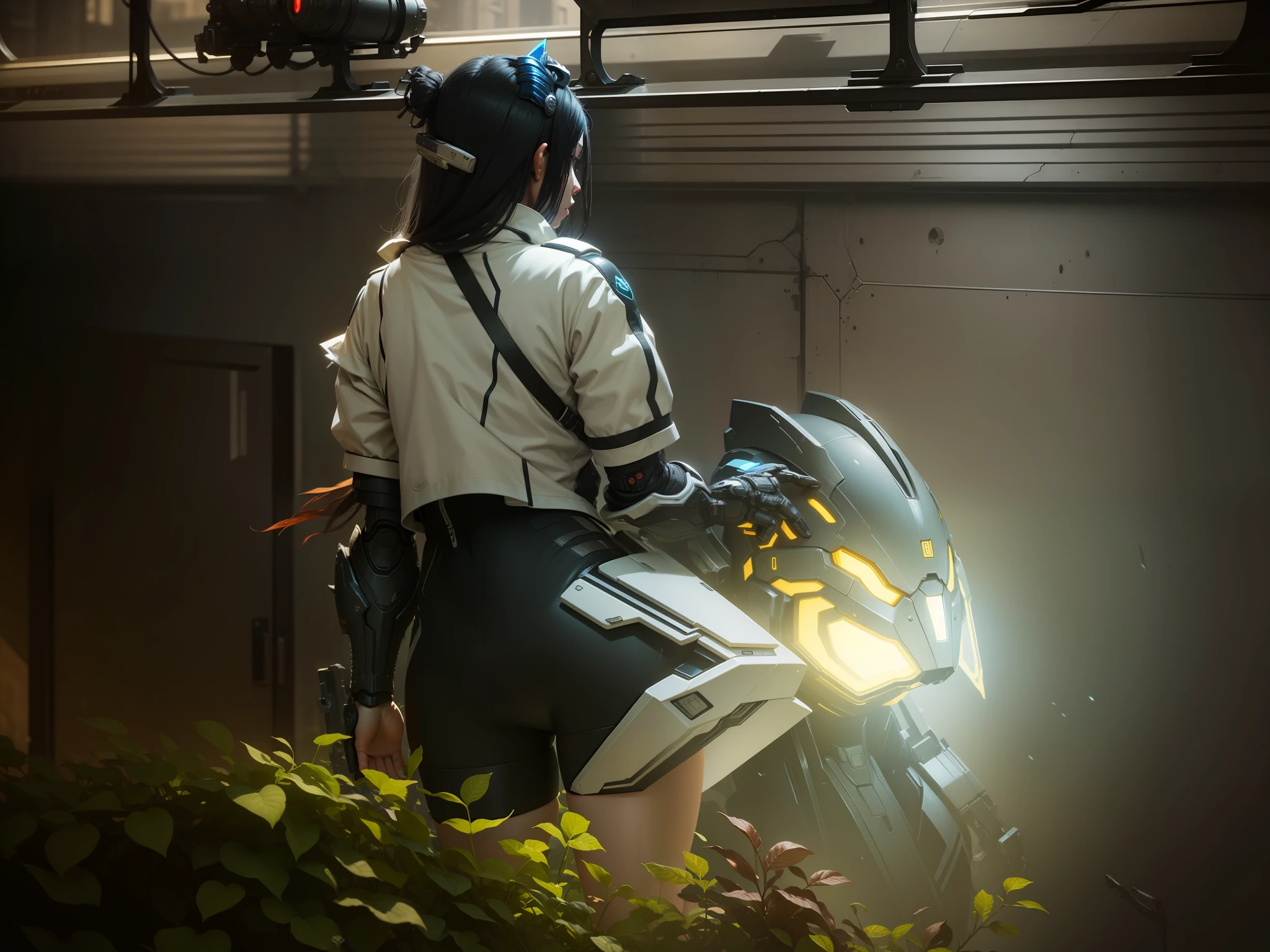 (Masterpiece: 1.2), Best Quality, High Score, Uniform 8k Wallpaper, (Illustration: 1.0), Beautiful Detailed, Very Detailed, Perfect Lighting, Very Detailed CG, Glowing Eyes, Backlight, Armor, Bust Mech, Shorts, Tattoo on Leg, Warframe, Humanoid Robot, Helmet, Sample Background, Weapon, blue_armor, Looking at the Audience, Solo, Perspective,