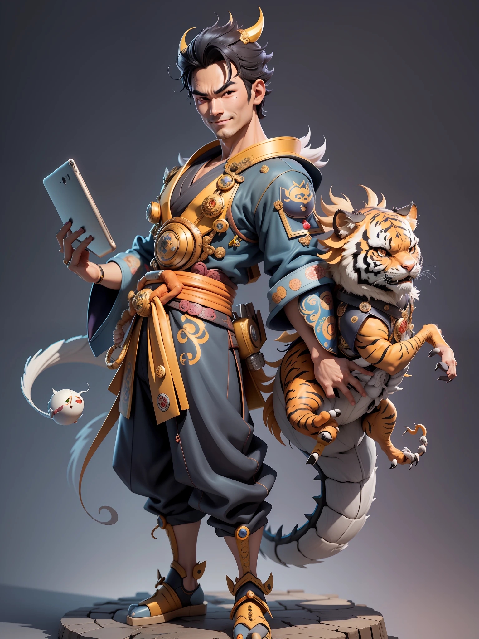 (Masterpiece), (Excellent), (Super Meticulous), (Full Body: 1.2), Super Young Man with Japanese Female Geisha, Beauty, Chinese Dragon, Tiger, Wind God Thor, Sexy, Bursting, Oriental Face, TV Anchor, Bust Portrait Illustration, Black Suit, Blue Tie, Slightly Chubby, Very Clean Face, No Beard, Black Super Short Hair, Black Eyes, Confident Smile, 3c Computer Sub-Products, iPad, iPhone, Digital Painting, 3D Character Design by Mark Claireden and Pixar and Hayao Miyazaki and Akira Toriyama, The illustration is a high-definition illustration in 4K resolution with very detailed facial features and cartoon-style visuals.