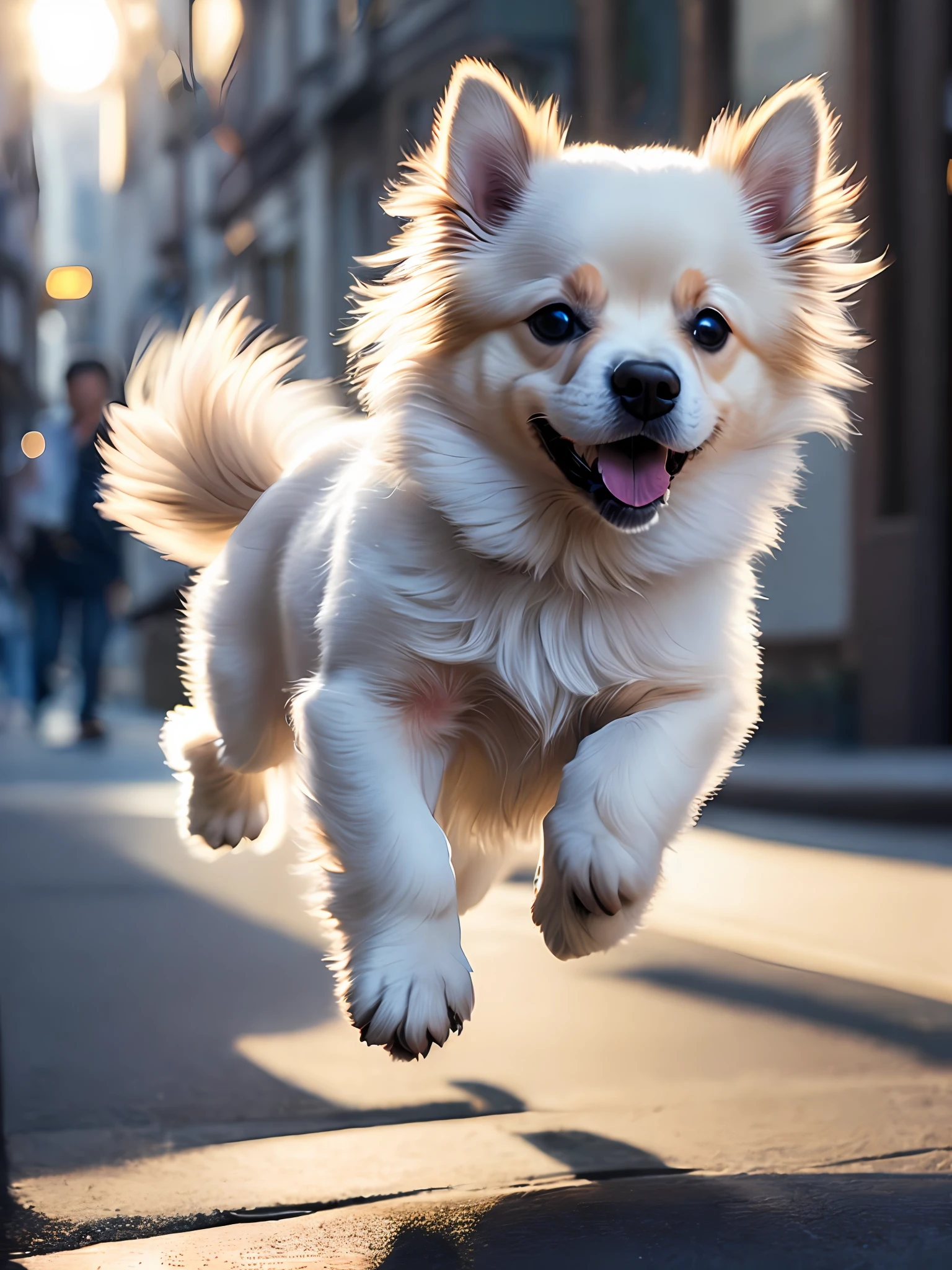 Close-up photo of a very cute jumping puppy on the street, white, soft volumetric light, (backlight: 1.3), (movie: 1.2), intricate details, (ArtStation: 1.3), Rutkowski