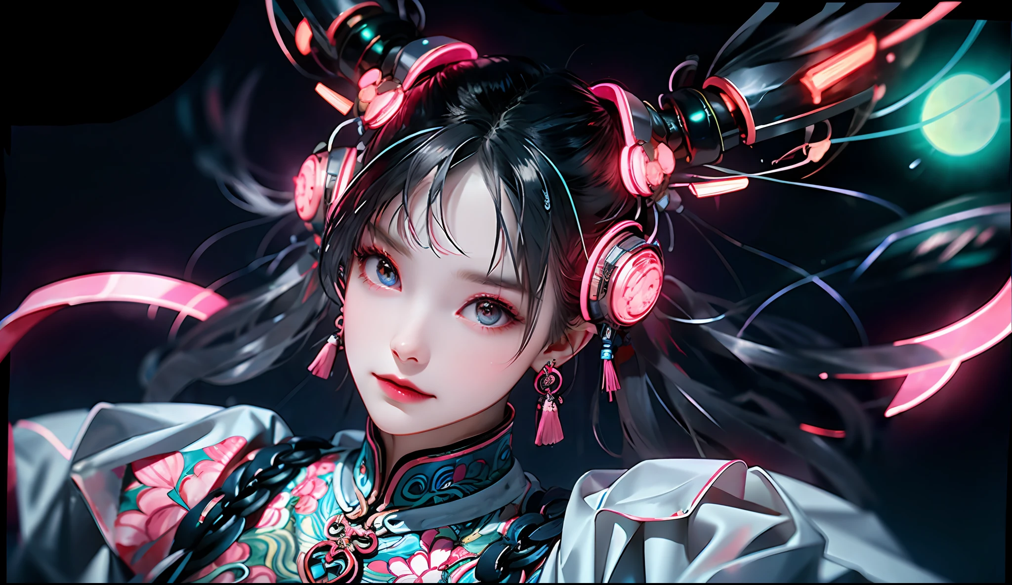 1 girl, Chinese_clothes, liquid silver and pink, cyberhan, cheongsam, cyberpunk city, dynamic pose, glowing headphones, glowing hair accessories, long hair, glowing earrings, glowing necklace, cyberpunk, high-tech city, full of mechanical and futuristic elements, futuristic, technology, glowing neon, pink, pink light, transparent tulle, transparent streamers, laser, digital background urban sky, big moon, with vehicles, best quality, masterpiece, 8K, character edge light, Super high detail, high quality, the most beautiful woman in human beings, smiling slightly, face facing front and left and right symmetry, ear decoration, beautiful pupil light effects, visual data, silver-white hair, hair is not messy, long hair over the waist, luminous electronic watch, deep eyes, happy, English doodling
