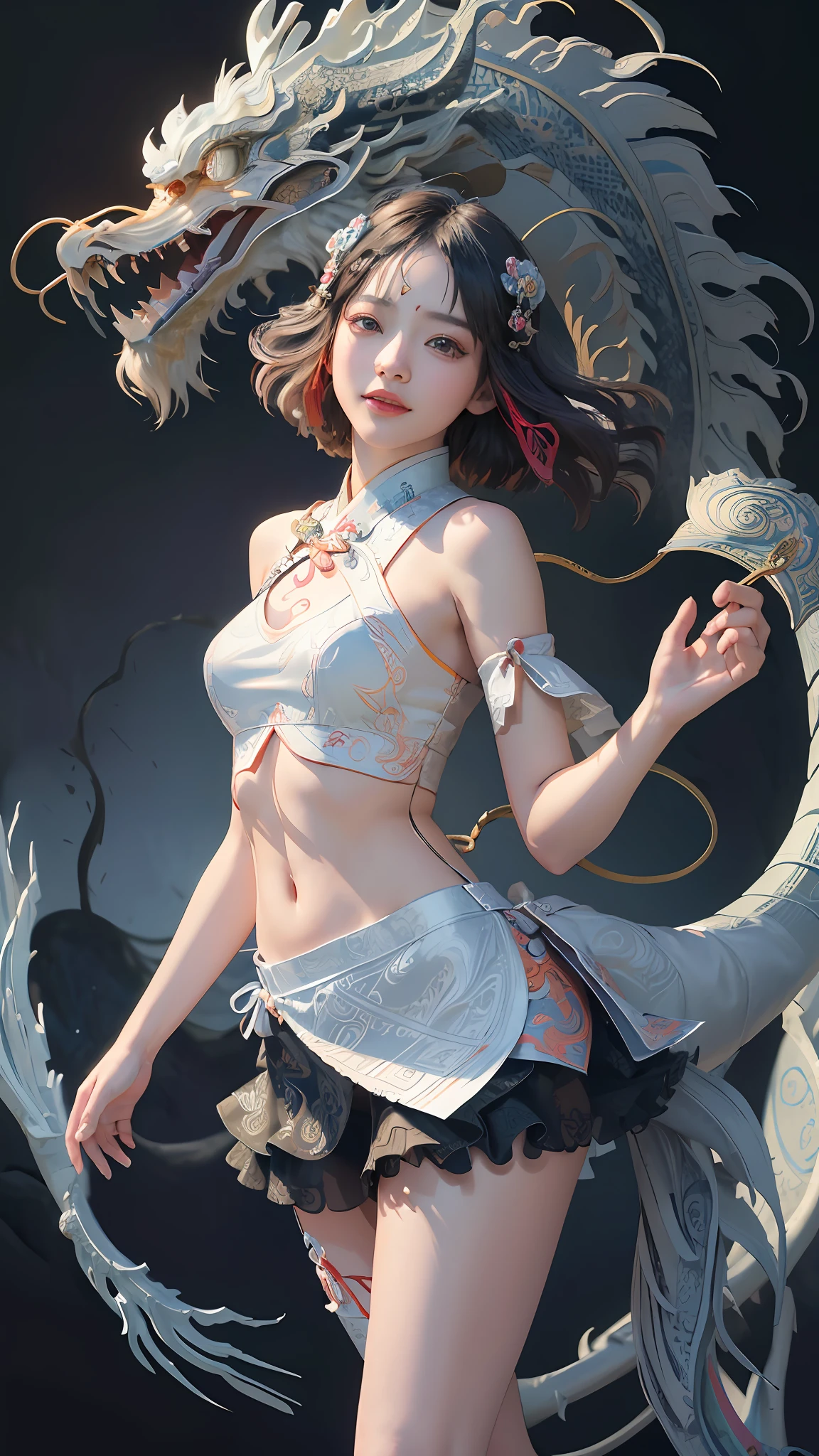 Official Art, Unified 8K Wallpapers, Ultra Detailed, Beautiful and Aesthetic, Masterpiece, Best Quality, (Zentangle, Tangle, Entangle), (fractal art: 1.4), 1girl, black hair, Chinese, bare shoulders, short skirt, calf, navel, very detailed, dynamic angle, cowboyshot, (most beautiful form chaos), flowing, (bright colors), oc, (half: 1.2), china, (thangka flying sky: 1.5), (ribbon: 1.3), (dream: 1.5), (hanfu: 1.5), Chinese dragon, Chinese phoenix, (smile: 0.5), (Chinese deity), (paper cut:1.5)