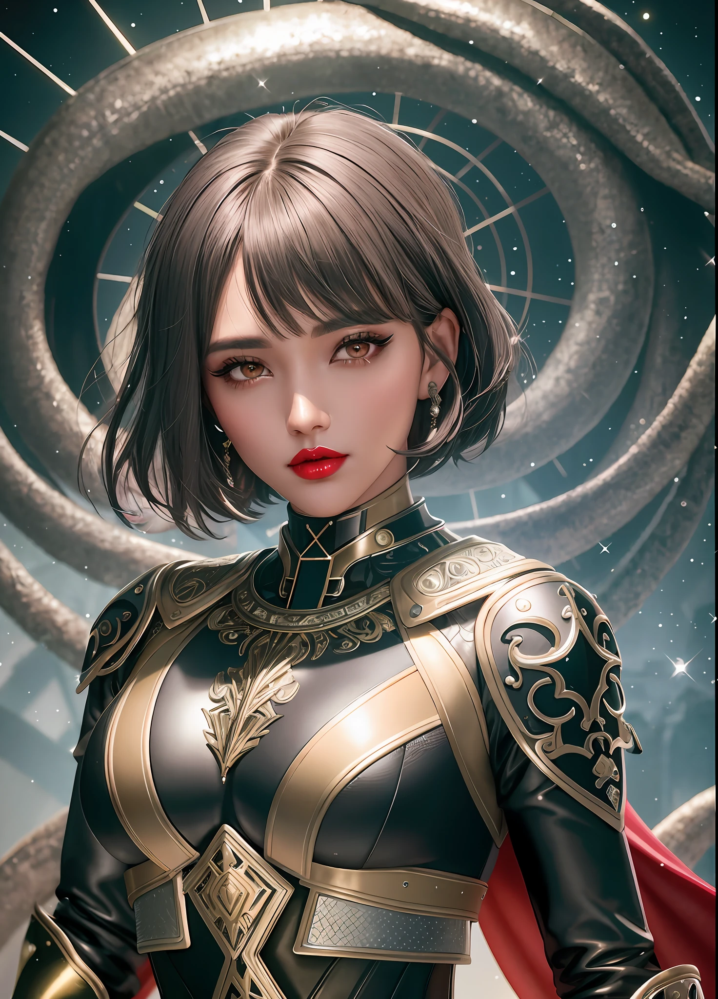 (Masterpiece) realistic BIG bust to the pelvic area of a beauty hyperrealist & photorealist beauty young astonishing idol kpop KNIGHT QUEEN girl in highly & extremely detailed black & white futuristic combat suit body (WITH IRON TEXTURE) with cape & scarf (masterpiece), magic & incantation glowing flying surrounded her, Unity 8k, pearly perfect tanned wet skin with pores (short bob cut hair with colorful bangs fringes) ((perfect face shapes, complete perfect red lips, perfect nose, correct beautiful eyes, eyelashes, detailed intricate iris textured face in ZBrush)), full HD vines, midnight aura, BLOODBOURNE style aesthetic, developed by Unreal Engine 5, Ultra Sharp Focus, Art by Alberto Seveso, Sci-Fi, vibrant & intricate Artwork, golden Ratio, epic