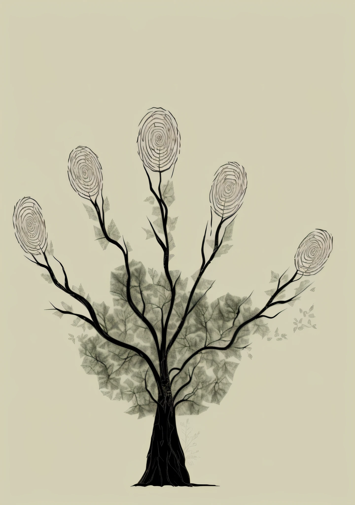 There is a tree with many branches and leaves, the collective civilization tree, the branches, the fingerprints, the tree of life doubtful seeds. Sketch art. root, ((tree)), floating tree, branch, system, (((tree)), art illustration, simple tree fractal