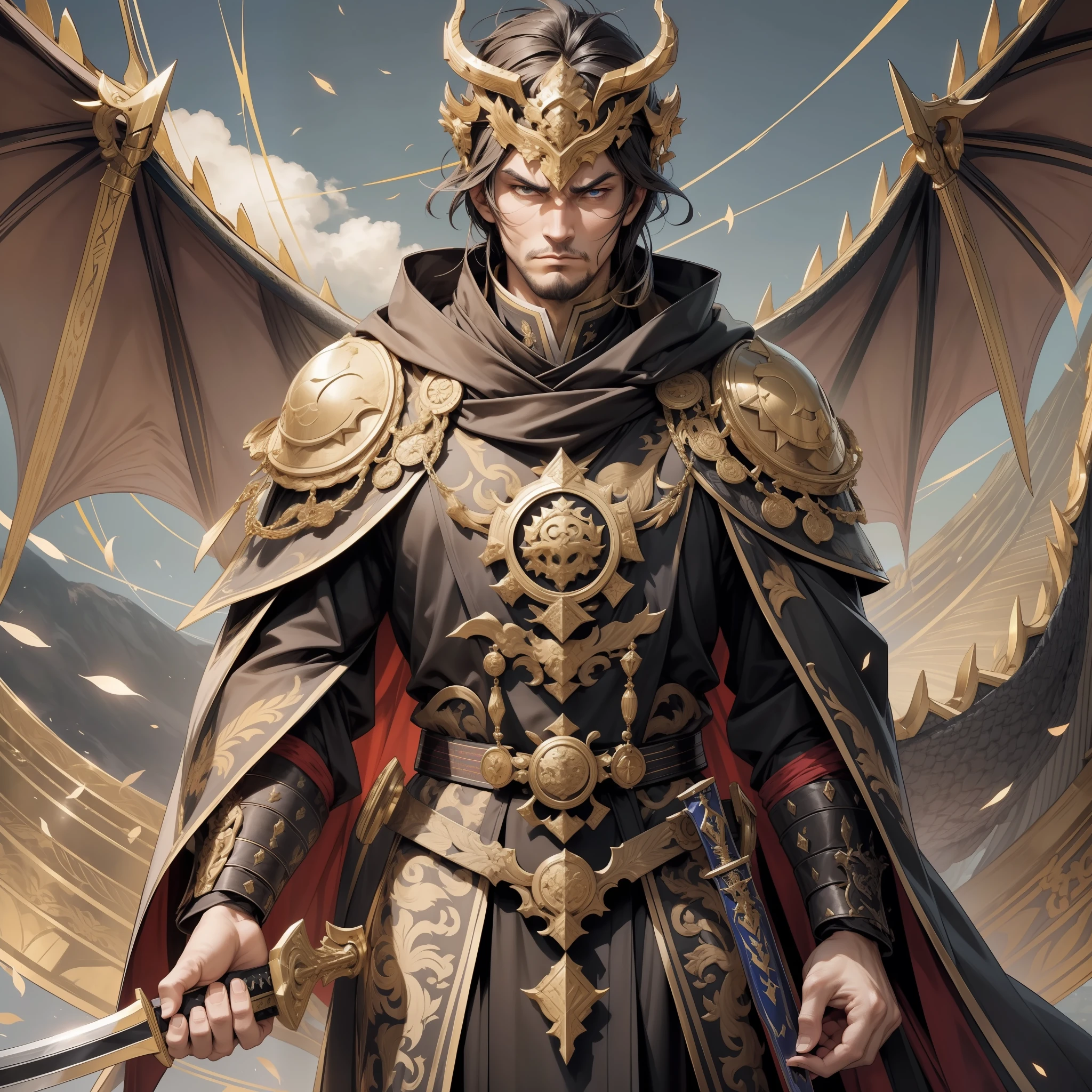 An emperor, domineering, majestic and solemn, dignified face, sharp eyes, ((holding a weapon)), power, determination, gorgeous imperial clothing, dragon robes, battle robes, status, authority, head held high, looking down on the world, best quality, photo quality, CG quality, 8K