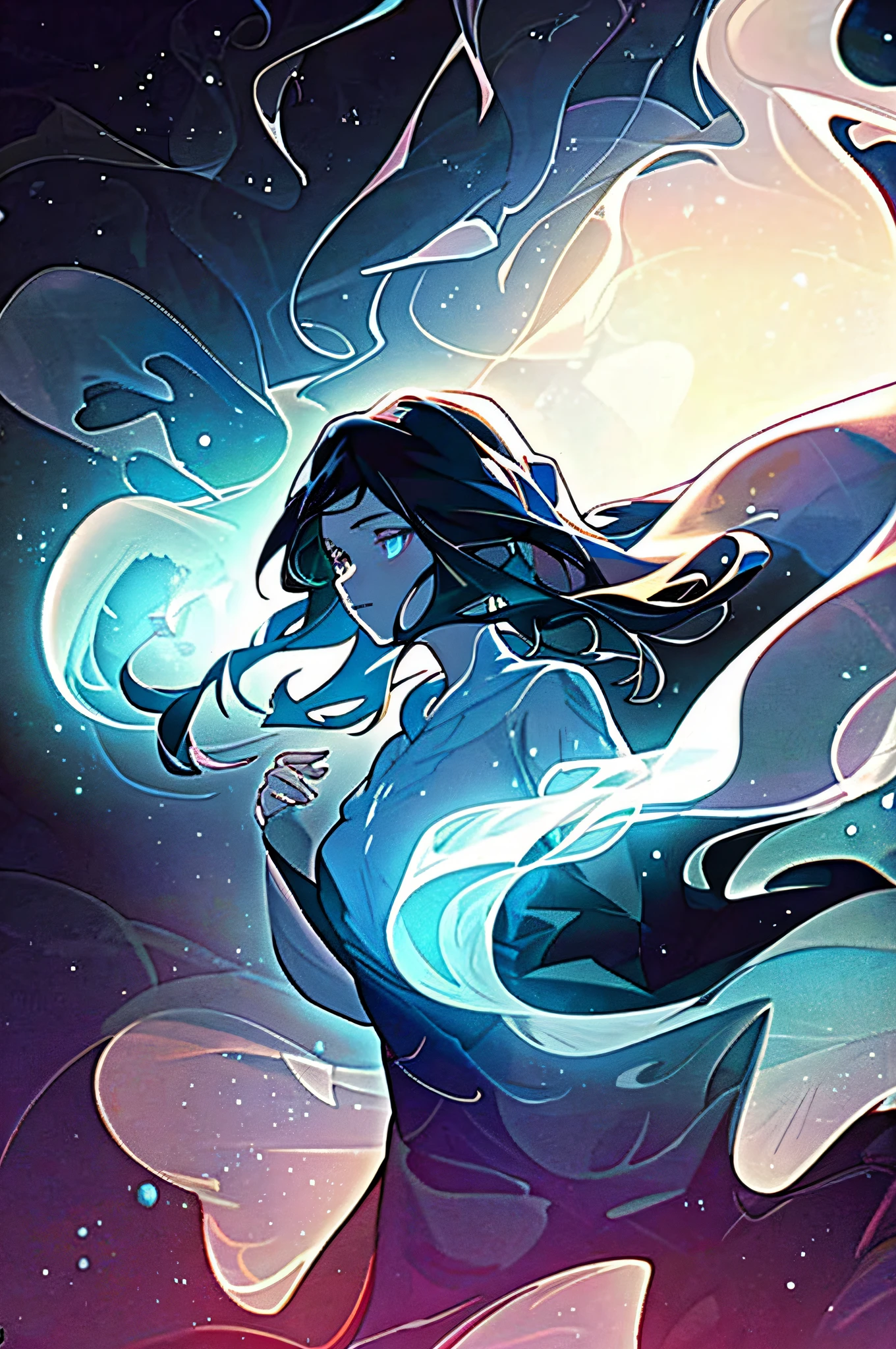 masterpiece, best quality, glowing silhouette of a ethereal ghost woman floating above a city canal, intricate background, Victorian slums, (sorrowful gaze:0.8)