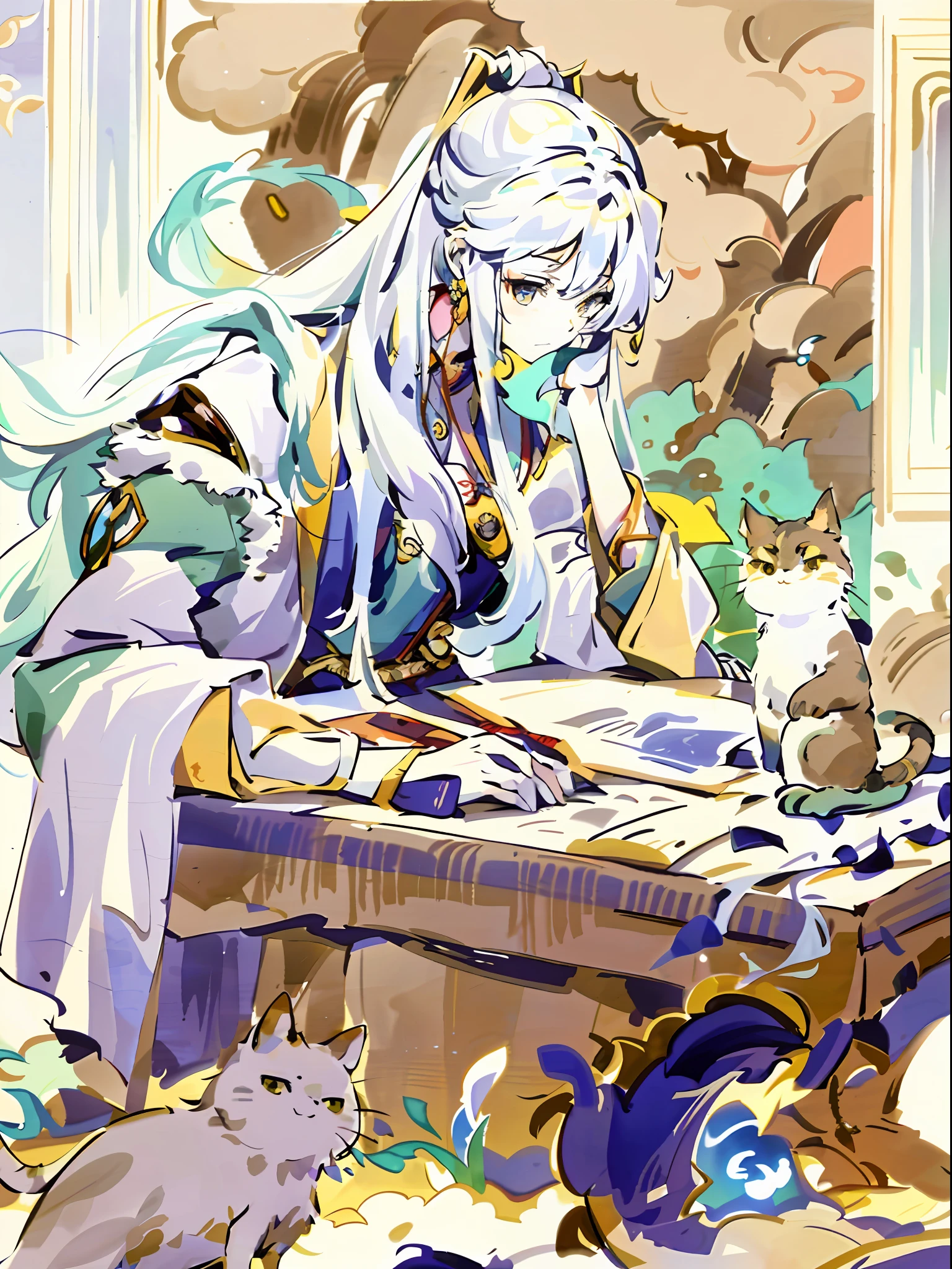 There is a cat and a book, anime girl sitting at a table writing a book, beautiful character painting, flowing hair and robes, Guwiz, Kurose Jinyao, Guvez style artwork, Chen Lin, Ye Xin, White Haired God, Alphonse Mucha and Rosturs, Li Fangying