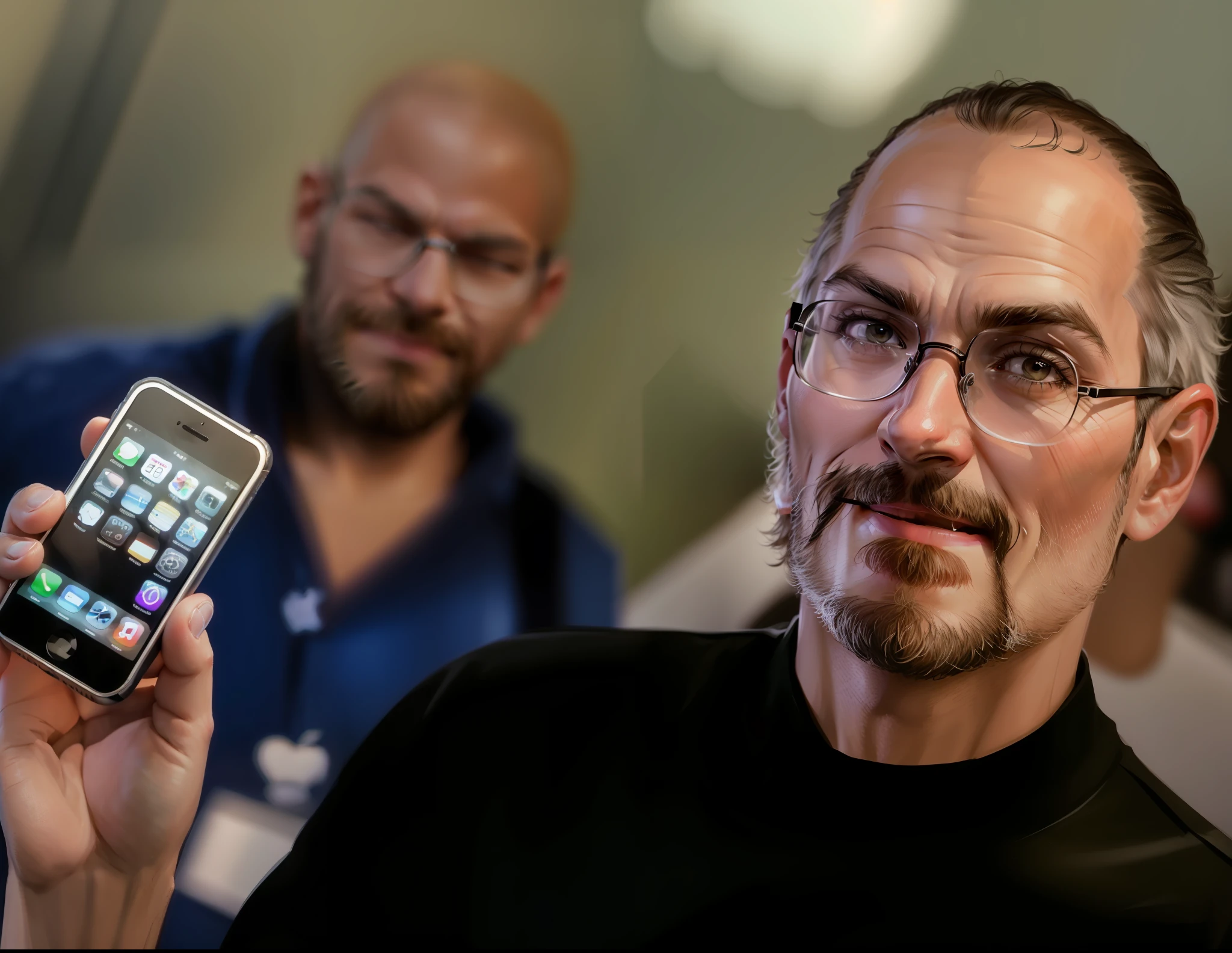 Teven Poul Jobs, Glasses, Beard, Apple, Apple Phone, iPhone,Apple, Confident Smile, Inspirer, Dark Effect with Good Quality, Apple in Background, Wall with Apple Symbol, Silver Apple, Dark and Dark Theme, Heavy Weather