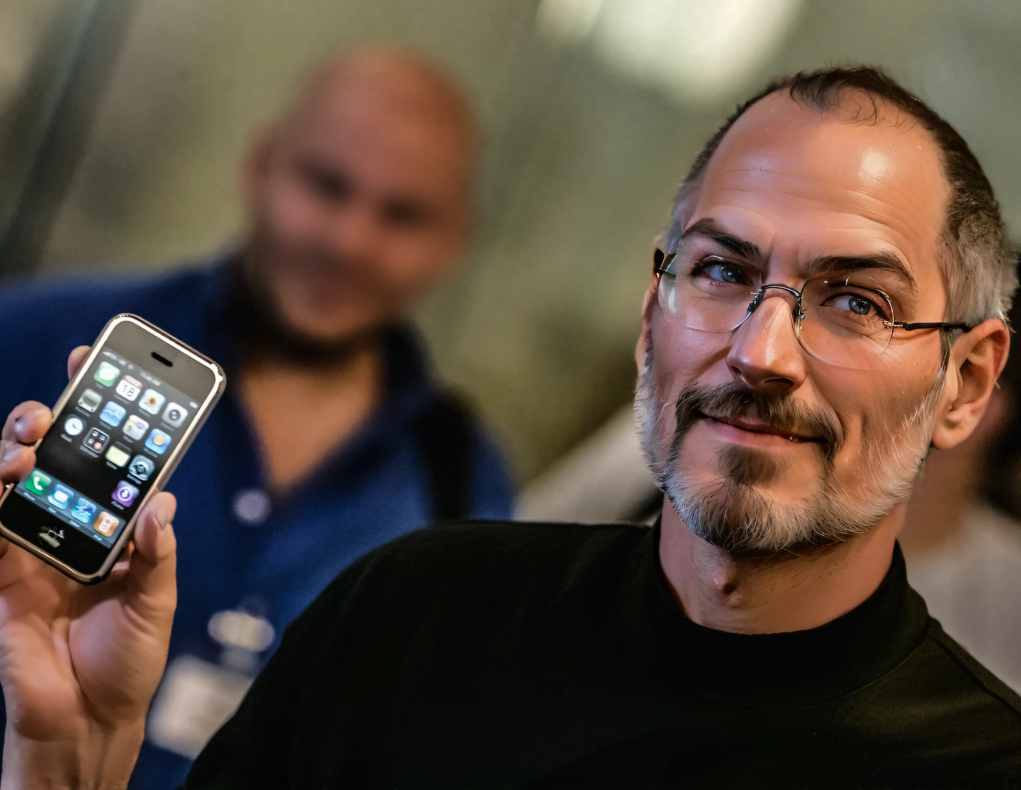 Teven Poul Jobs, Glasses, Beard, Apple, Apple Phone, iPhone,Apple, Confident Smile, Inspirer, Dark Effect with Good Quality, Apple in Background, Wall with Apple Symbol, Silver Apple, Dark and Dark Theme, Heavy Weather