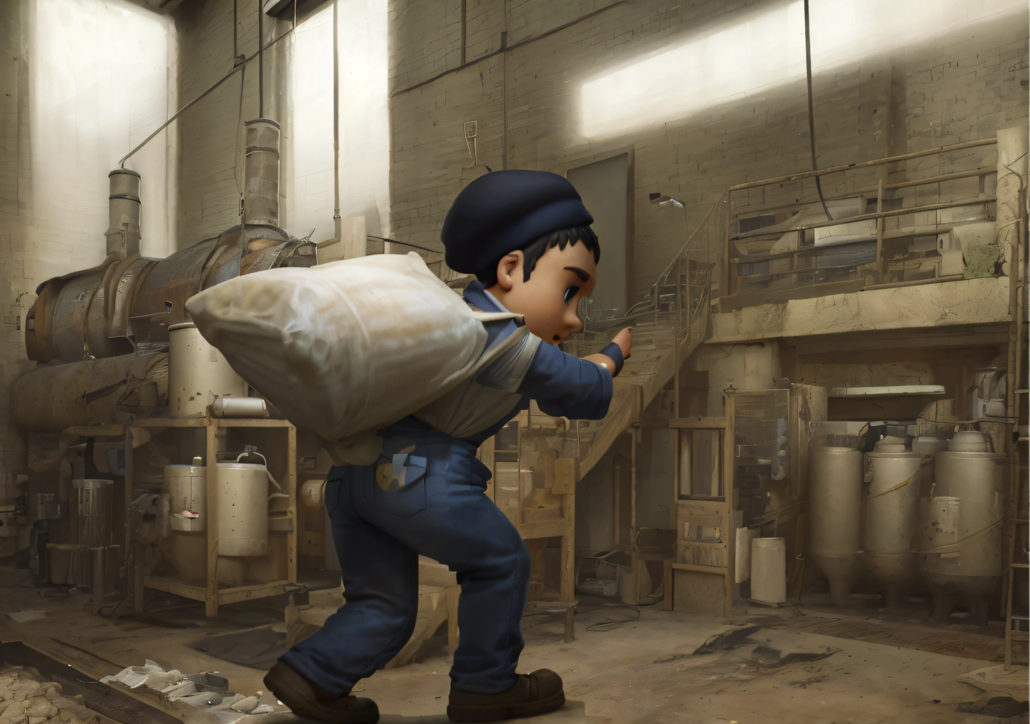 A fat kid carrying a big bag of wheat in the factory, carrying a bag of marijuana, Sergei Kolesov, Pixar. Octane rendering, inspired by Craig Davidson, Safe at Work. CGsociety, Worksafe.cgsociety, Pixar Renderman Render, Pixar Octane render, render in Pixar, Rolands Zilvinskis 3D rendering art, commercial illustration, 3D epic illustration