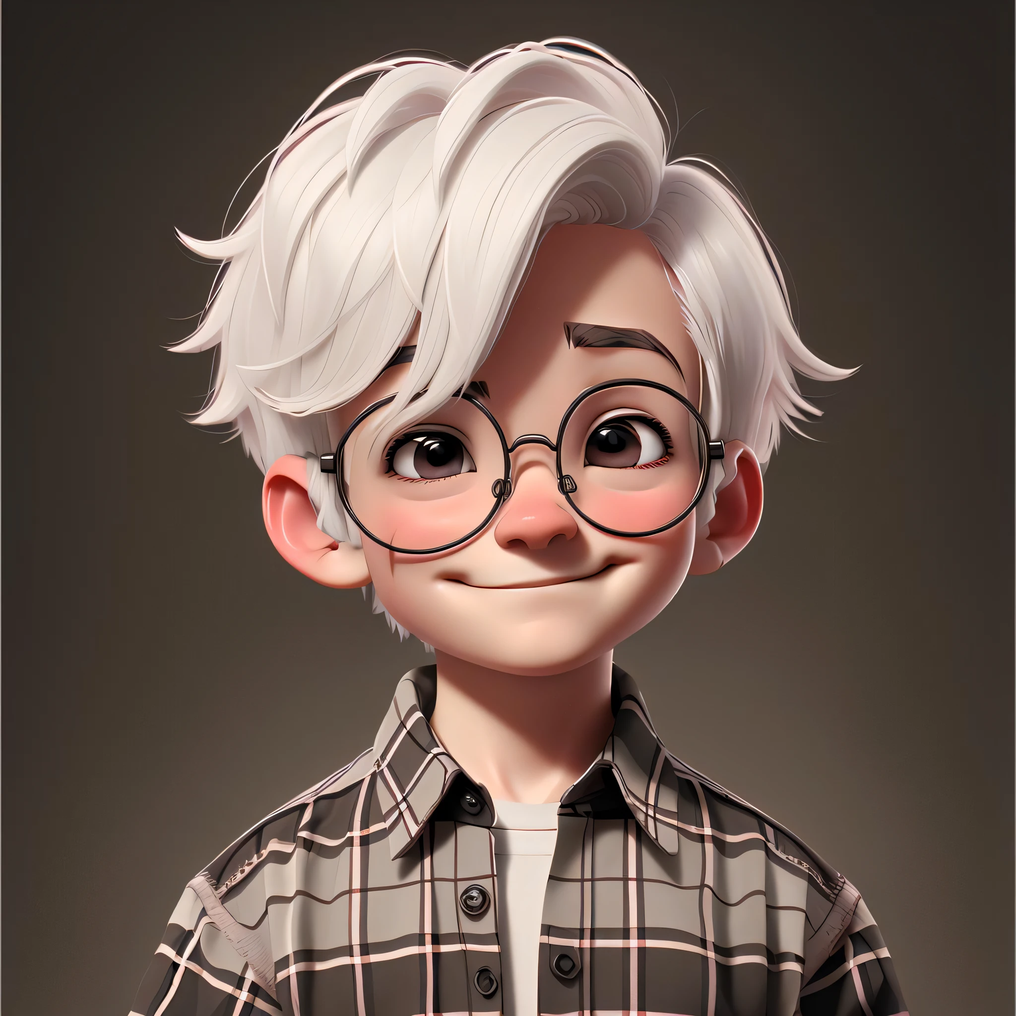 solo, WHITE hair, 1boy, BLACK eyes, male focus, plaid shirt, plaid, shirt, simple background, smile, male child, round eyewear, short hair, closed mouth