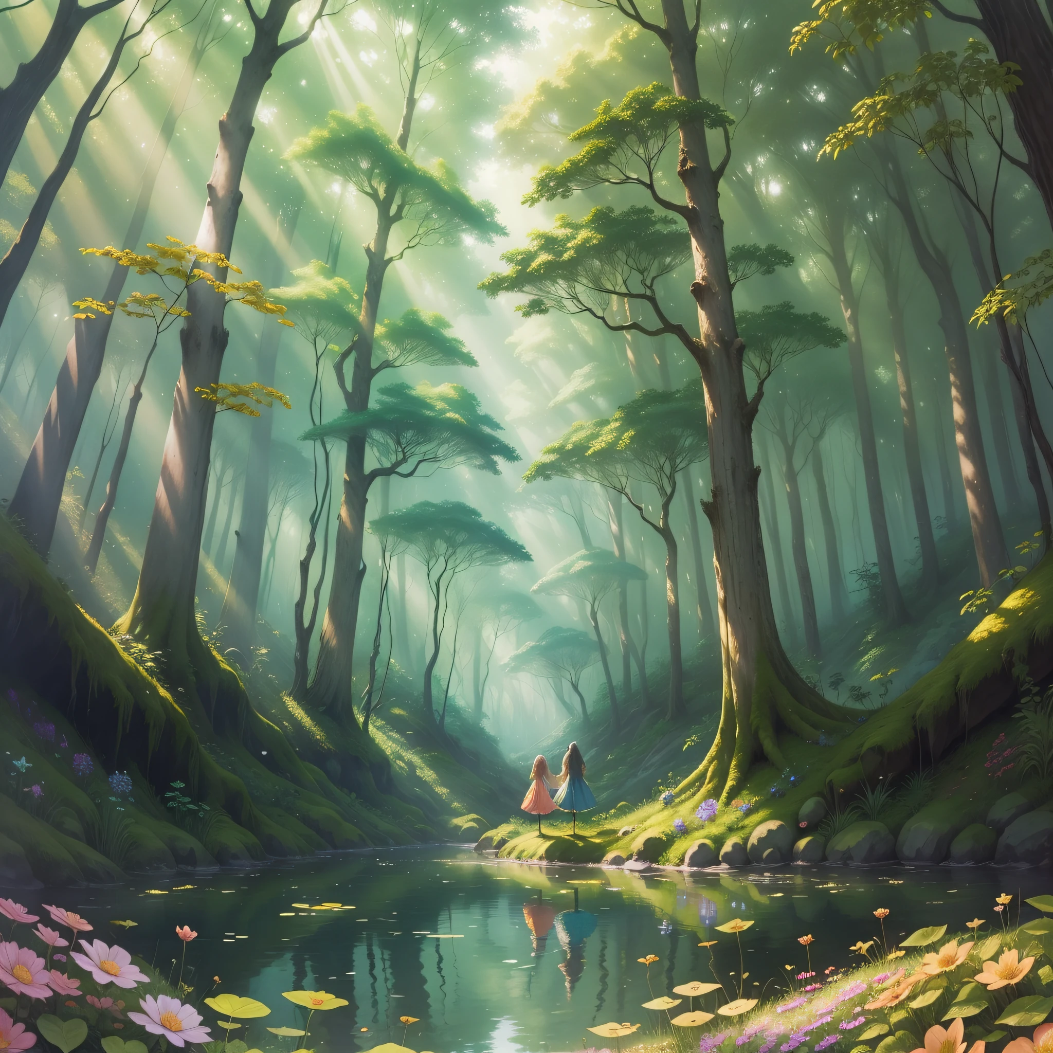 An image of 3 fairies in a beautiful enchanted forest. The forest is full of tall, leafy trees with lush green foliage. The sunlight filtered through the treetops creates a magical and soothing atmosphere. The fairies are surrounded by bright, colorful flowers, and small animals like rabbits and butterflies are around. The environment is quiet and serene, with a stream of crystal clear waters passing close to the fairies. Watercolor illustration, --ar 1:1 --v 5