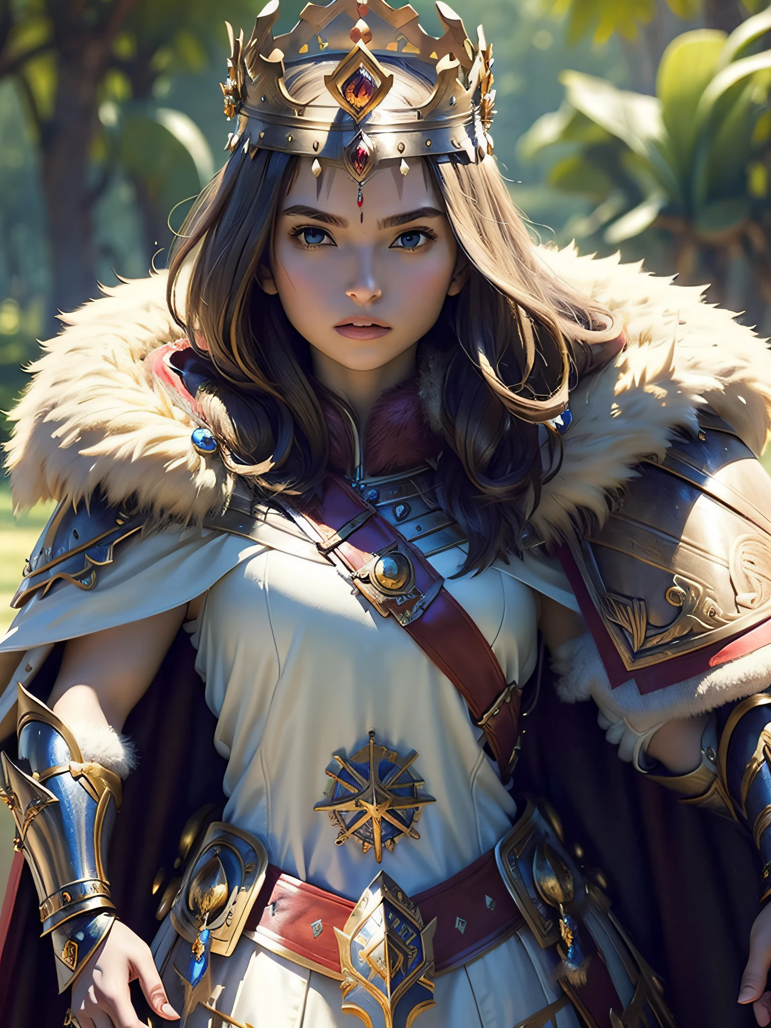 (masterpiece, top quality, best quality, official art, beautiful and aesthetic:1.2), (1girl), (warrior queen armor, fur-lined cape, jeweled crown:1.2),serious