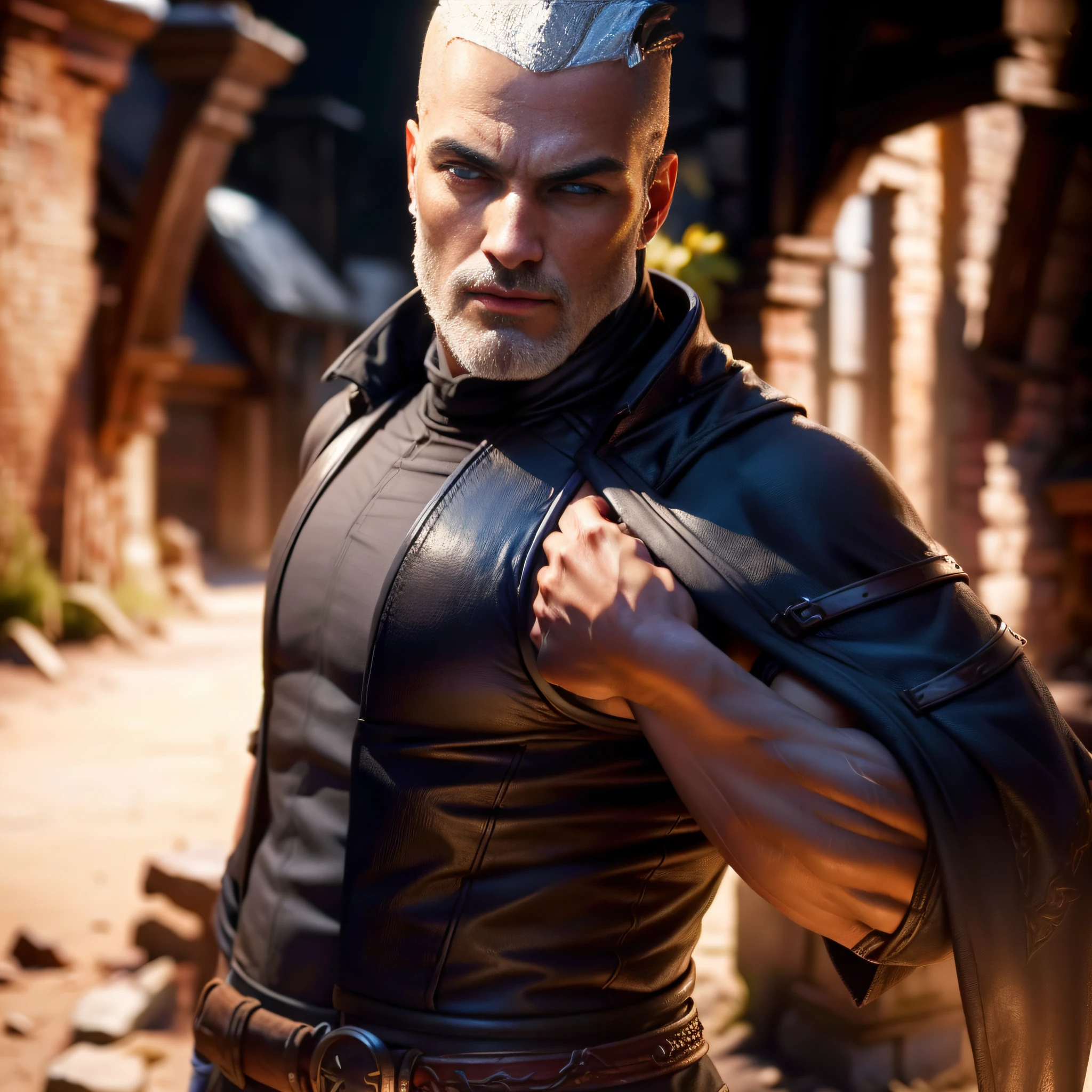 Create 1 wizard man, from The Witcher universe, strong, young, handsome, short black hair shaved on the side(dark hair), straight face without hair on the face(no beards), white skin, full body, beautiful, 8k quality, realistic, detailed face, realistic