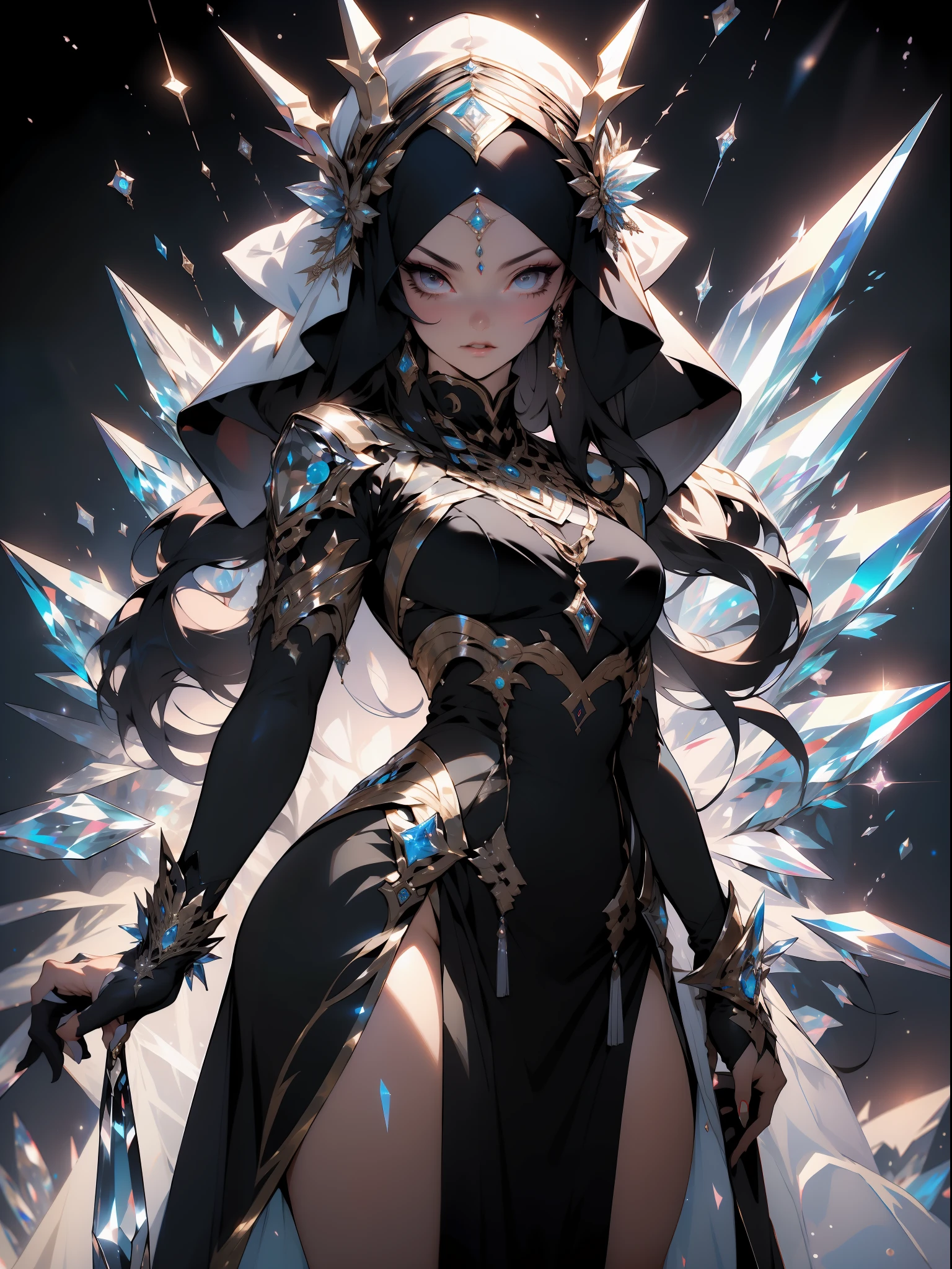 ((Best quality)), ((masterpiece)), (detailed: 1.4), (Absurd), Persian warrior, full body, ((action pose)), (((Muslim woman wearing long black dress with crystal ornaments)))), (((back))), very cold and ice, ready for war, dark skin, Middle Eastern woman, sculptural body with defined muscles, closed mouth, muscular body covered by a Hoyoverse-style technological dress, Honkai Impact, Geishin Impact, Veil covering head, whole body covered by clothing, holding two scimitars, ((small breasts)), (eyes with heavy makeup), lots of jewelry and ornaments