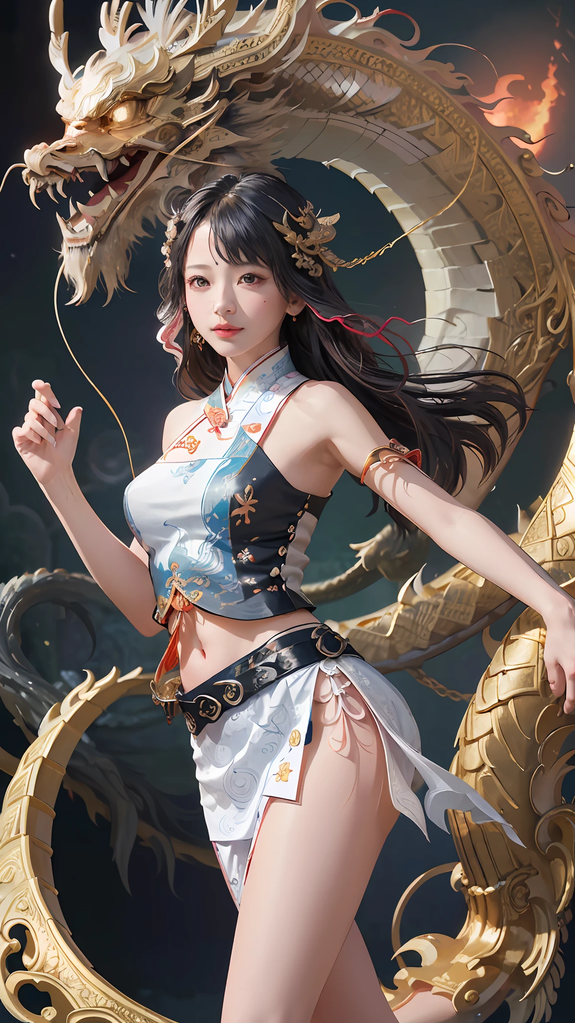 Official Art, Unified 8K Wallpapers, Ultra Detailed, Beautiful and Aesthetic, Masterpiece, Best Quality, (Zentangle, Tangle, Entangle), (fractal art: 1.4), 1girl, black hair, Chinese, bare shoulders, short skirt, calf, navel, very detailed, dynamic angle, cowboyshot, (most beautiful form chaos), flowing, (bright colors), oc, (half: 1.2), china, (thangka flying sky: 1.5), (ribbon: 1.3), (dream: 1.5), (hanfu: 1.5), Chinese dragon, Chinese phoenix, (smile: 0.5), (Chinese deity), (paper cut:1.5)