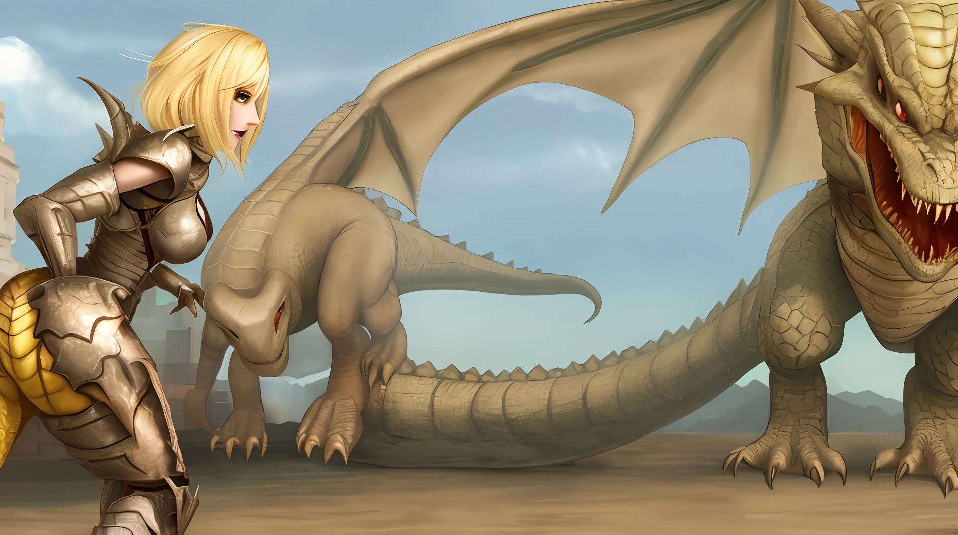 Imagine a sexy blonde woman with a dragon and a dinosaur in war