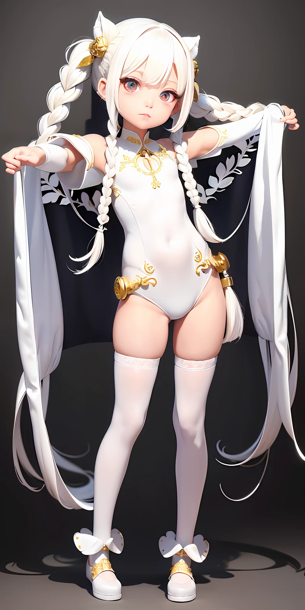 Excellent, masterpiece, , white hair, golden eyes, white clothes, looking up, full body, hair, fair skin, side braids