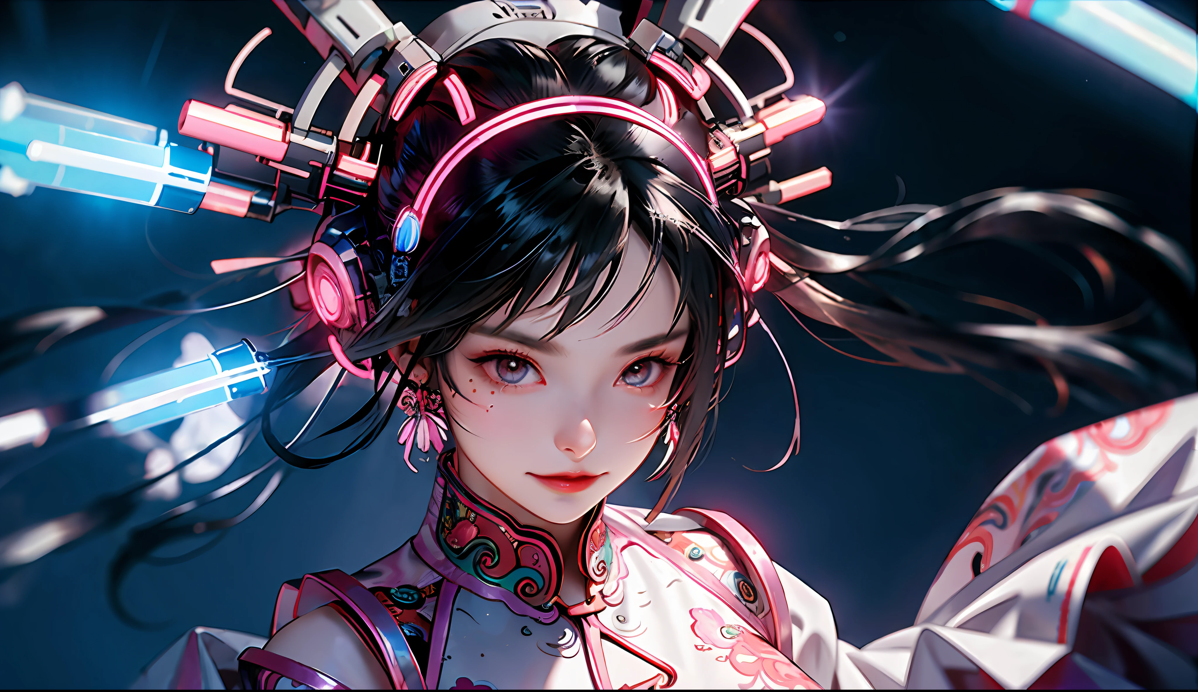 1 girl, Chinese_clothes, liquid silver and pink, cyberhan, cheongsam, cyberpunk city, dynamic pose, glowing headphones, glowing hair accessories, long hair, glowing earrings, glowing necklace, cyberpunk, high-tech city, full of mechanical and futuristic elements, futuristic, technology, glowing neon, pink, pink light, transparent tulle, transparent streamers, laser, digital background urban sky, big moon, with vehicles, best quality, masterpiece, 8K, character edge light, Super high detail, high quality, the most beautiful woman in human beings, smiling slightly, face facing front and left and right symmetry, ear decoration, beautiful pupil light effects, visual data, silver-white hair, hair is not messy, long hair over the waist, luminous electronic watch, deep eyes, happy, English doodling