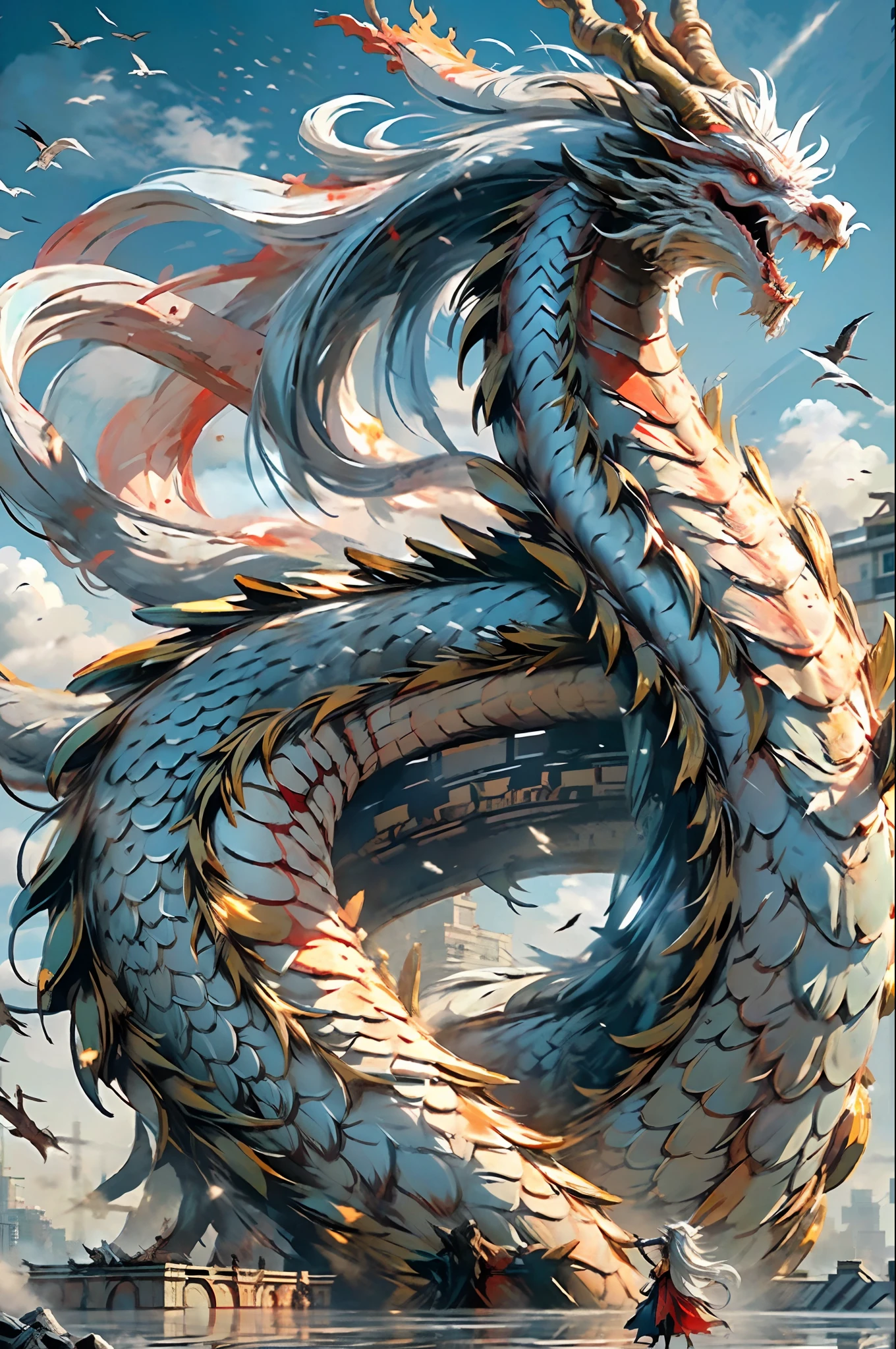 Best quality,masterpiece,ultra high res,nu no humans, (long:1.2),long hair, sharp teeth, red eyes, teeth, giant, 1girl, bird, outdoors, standing, scales, cloud, horns, from behind, armor, sky, open mouth, monster, size difference, white hair, building