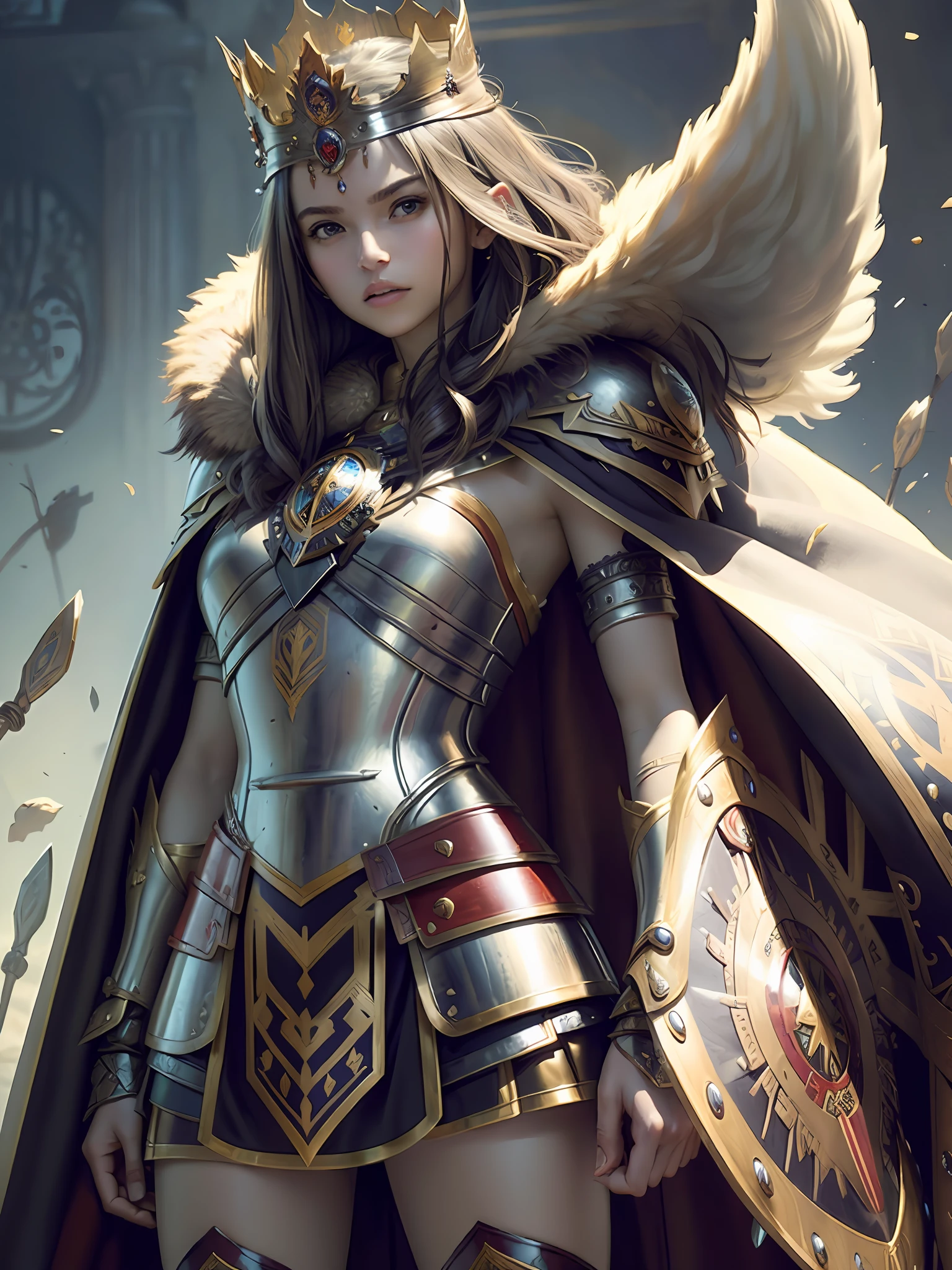 (masterpiece, top quality, best quality, official art, beautiful and aesthetic:1.2), (1girl), (warrior queen armor, fur-lined cape, jeweled crown:1.2),serious