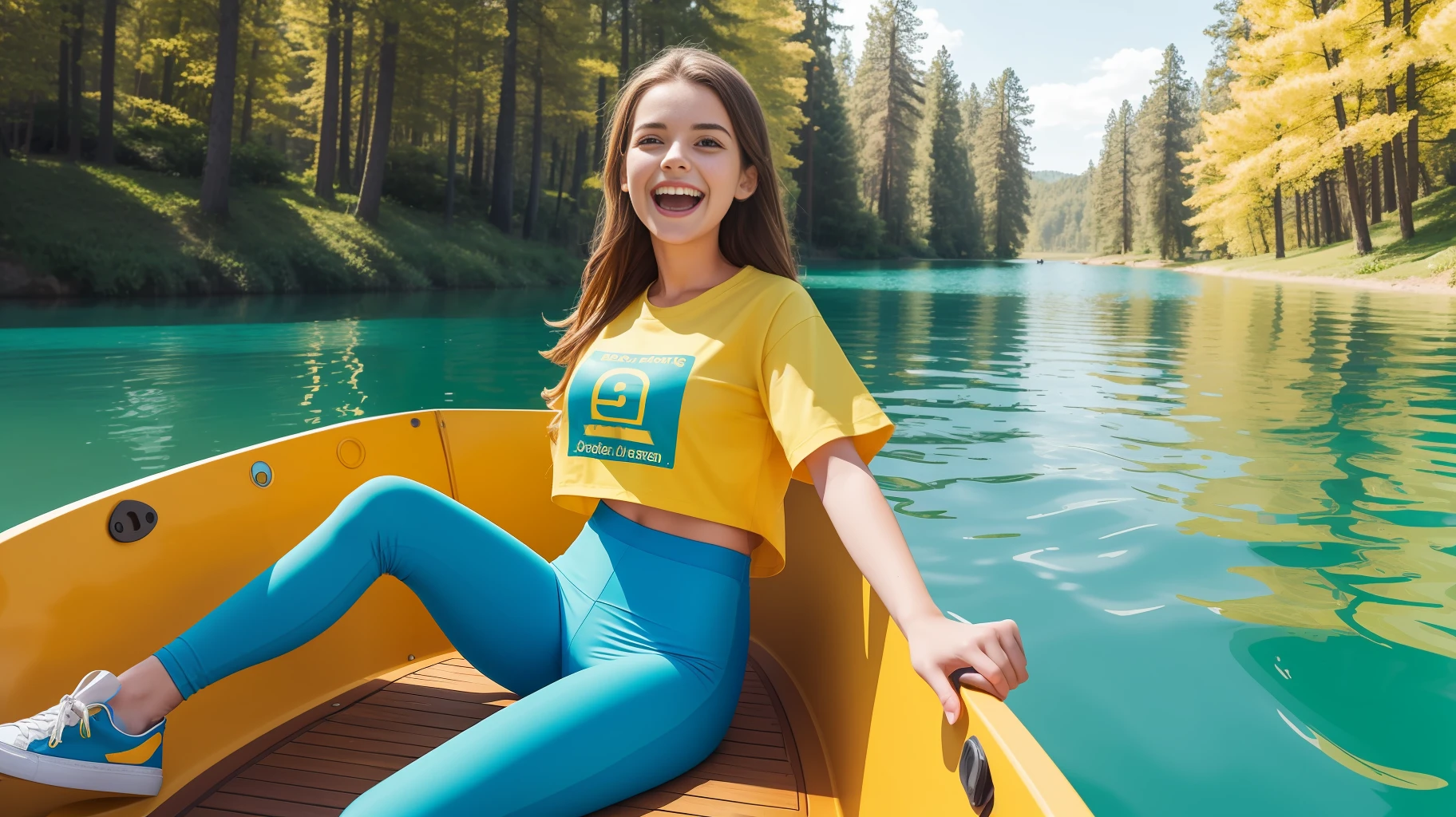 Woman, 20 years old, European, wearing a yellow Tshirt with a blue logo, green leggings, shoes, riding a boat on a lake, forest, laughing surprised, sunny day, realistic, lifejacket