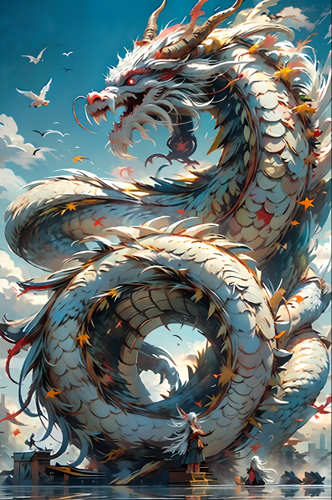 Best quality,masterpiece,ultra high res,nu no humans, (long:1.2),long hair, sharp teeth, red eyes, teeth, giant, 1girl, bird, outdoors, standing, scales, cloud, horns, from behind, armor, sky, open mouth, monster, size difference, white hair, building