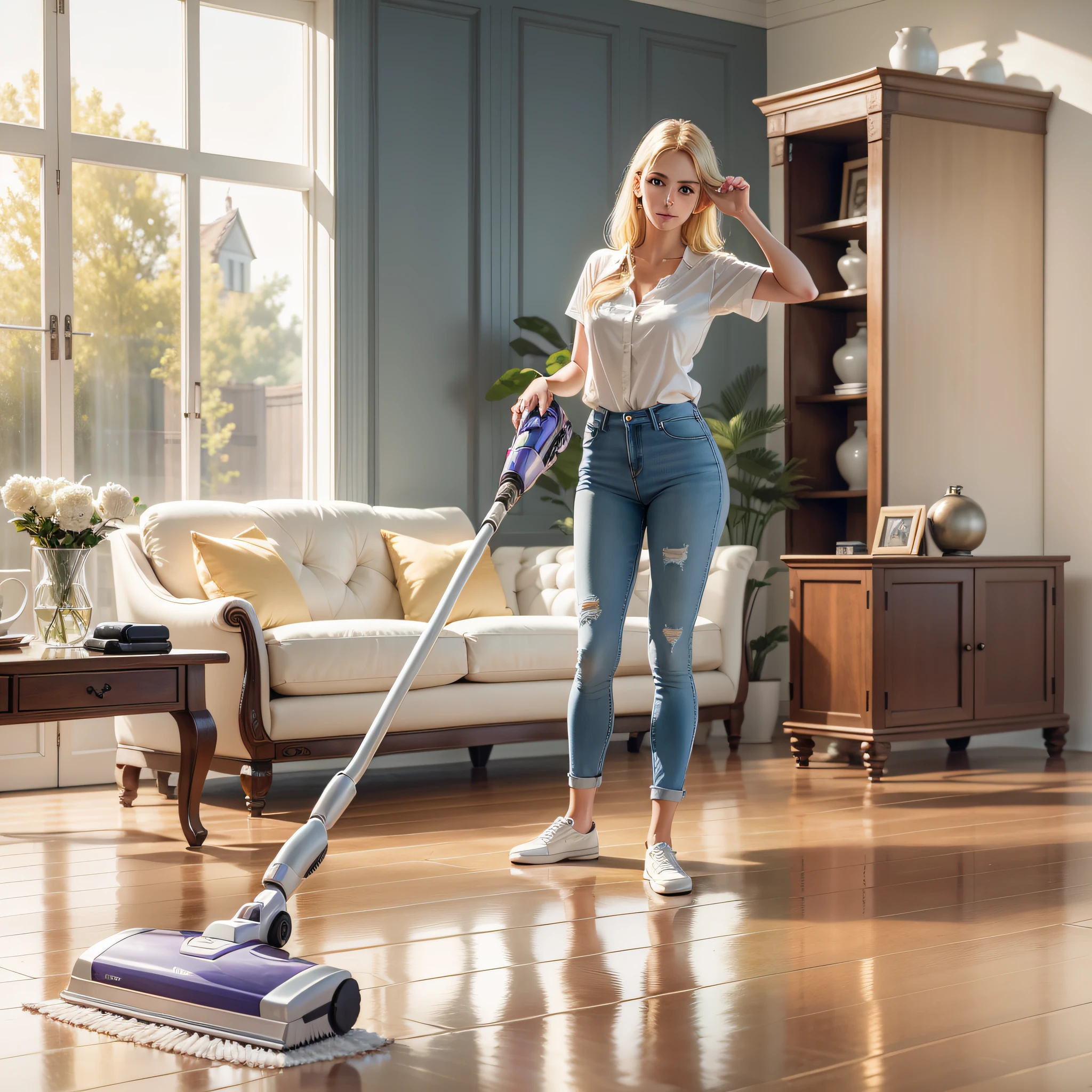 Best quality, super high resolution, neat housework, spacious luxury villa, a beautiful American blonde girl holding a portable vacuum cleaner to clean the floor, white shirt and jeans, the floor has wood grain texture, realistic, photogenic