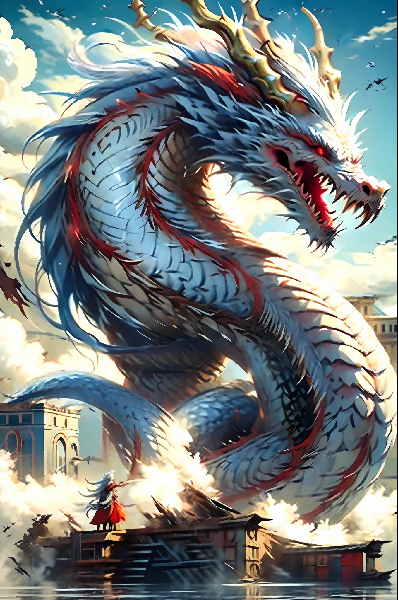 Best quality,masterpiece,ultra high res,nu no humans, (long:1.2),long hair, sharp teeth, red eyes, teeth, giant, 1girl, bird, outdoors, standing, scales, cloud, horns, from behind, armor, sky, open mouth, monster, size difference, white hair, building
