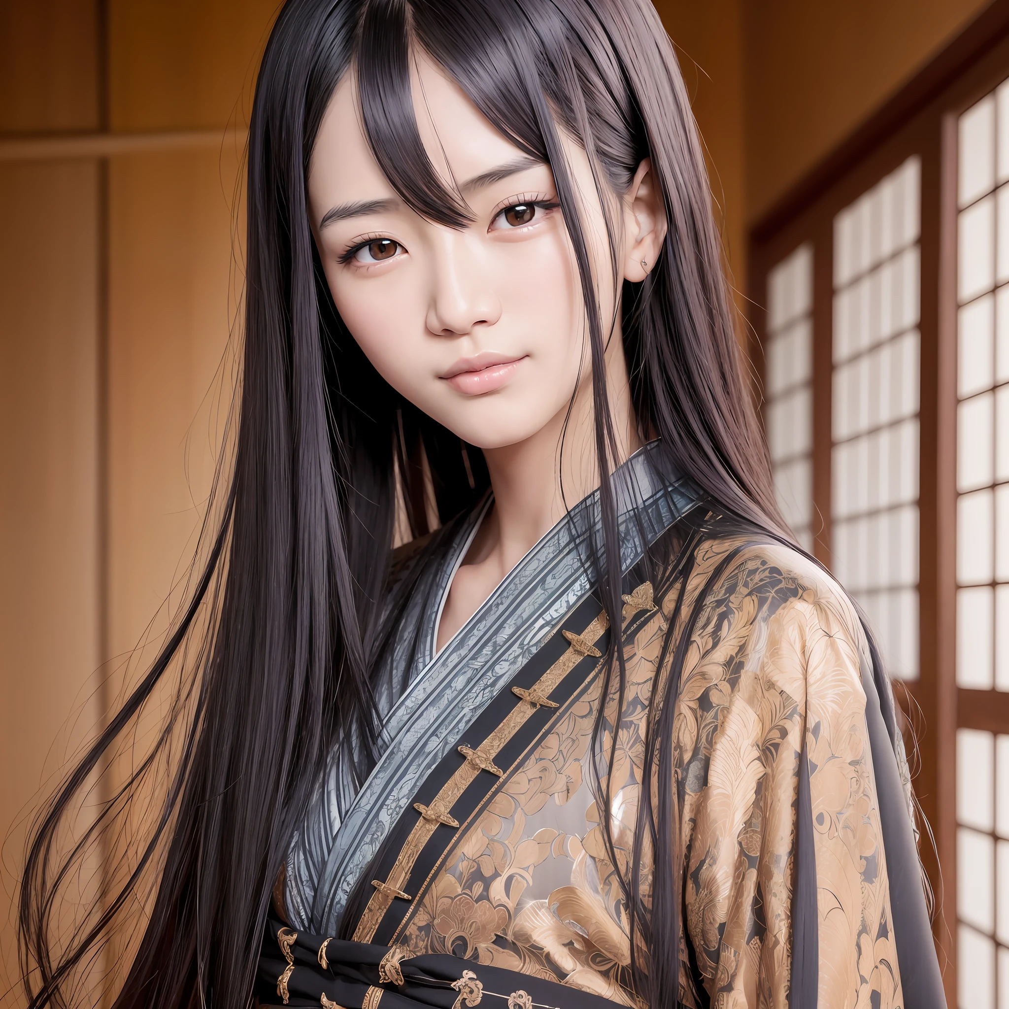 Japan man, pretty man, slender figure, long black hair, highly detailed face and skin texture, detailed eyes, double eyelids, smile, indoor