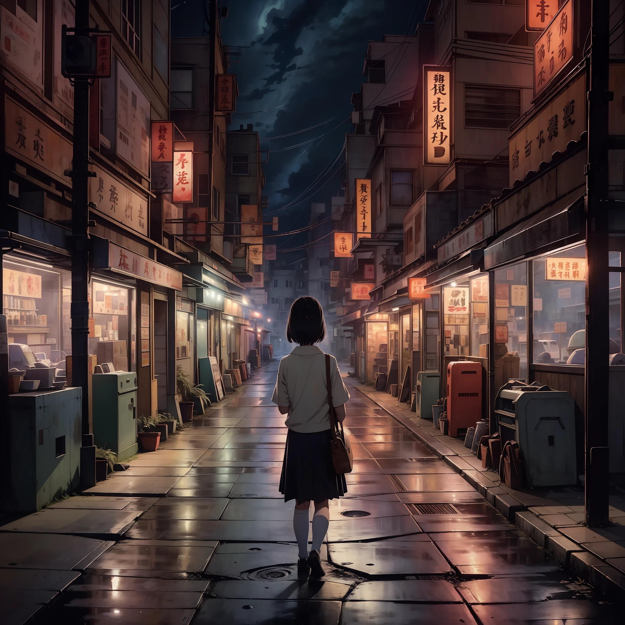 A nostalgic digital painting inspired by the enchanting world of Studio Ghibli. The artwork depicts a charming, small-town street at night, exuding a sense of tranquility and wonder. The scene is set for a cinematic moment, reminiscent of a scene from a Ghibli film. In the composition, a solitary girl stands in contemplation, her back turned to the viewer, emanating a touch of melancholy. The world around her is beautifully detailed, capturing the essence of a nostalgic atmosphere. The sky above is adorned with a breathtaking display of stars, evoking a feeling of wistful reminiscence that resonates with viewers of all ages.