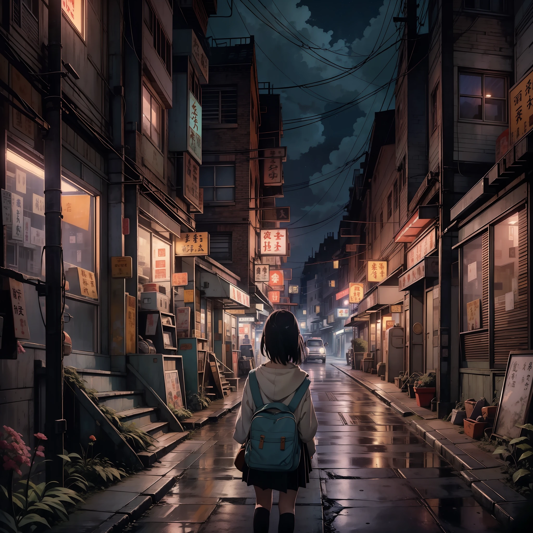 A nostalgic digital painting inspired by the enchanting world of Studio Ghibli. The artwork depicts a charming, small-town street at night, exuding a sense of tranquility and wonder. The scene is set for a cinematic moment, reminiscent of a scene from a Ghibli film. In the composition, a solitary  girl stands in contemplation, her back turned to the viewer, emanating a touch of melancholy. The world around her is beautifully detailed, capturing the essence of a nostalgic atmosphere. The sky above is adorned with a breathtaking display of stars, evoking a feeling of wistful reminiscence that resonates with viewers of all ages.