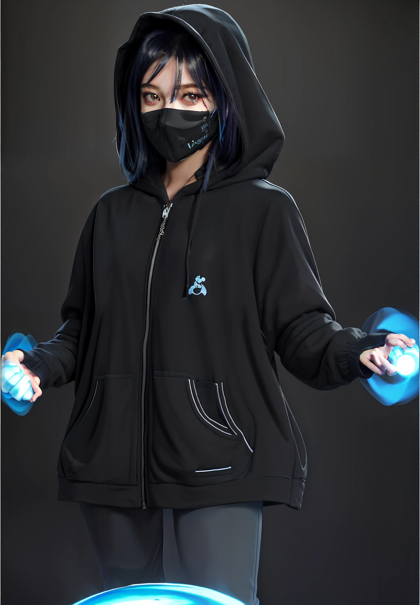 masterpiece, best quality, 1girl, photorealistic, 20 years old woman, ultra detail, black hoodie, black mask, full body, standing ashetic pose, smooke effect, standing mid blue circle particle, futuristic, hair to front, forehead, wearing hoodie, looking at another view, casual girl