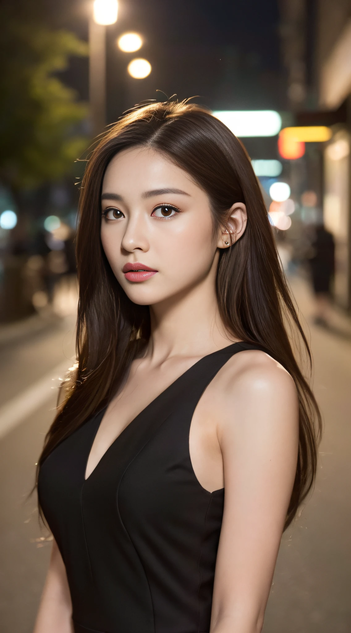 ((Realistic lighting, Best Quality, 8K, Masterpiece: 1.3)), Focus: 1.2, 1girl, Perfect Beauty: 1.4, Slim Abs: 1.1, ((Dark brown hair)), (Black dress: 1.4), (Outdoor, Night: 1.1), City streets, Super fine face, Fine eyes, Double eyelids,