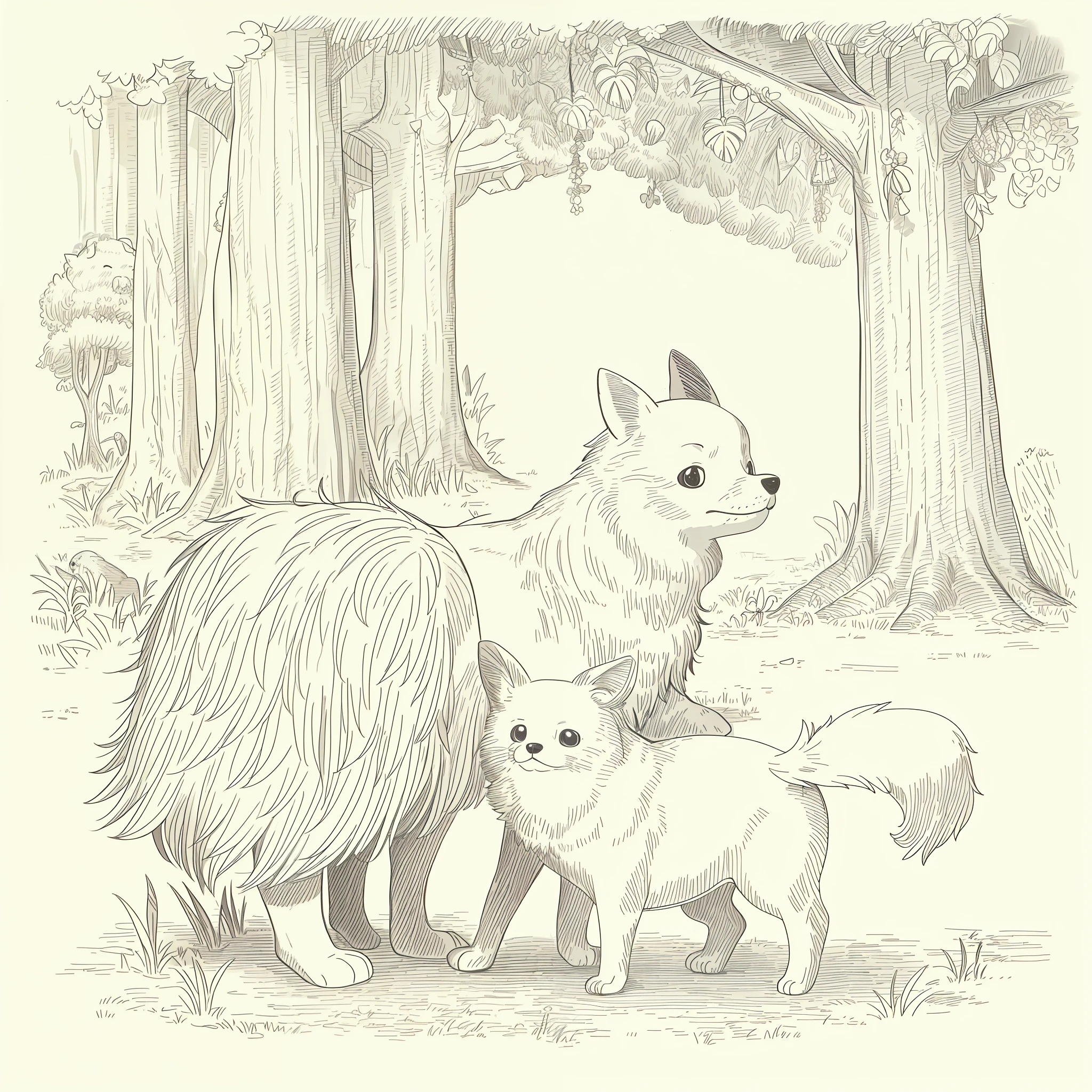 (High quality, 8k) line drawing, lineart, black and white, 1 cute and fluffy chihuahua dog and 1 fluffy and cute cat in the forest with trees and flowers