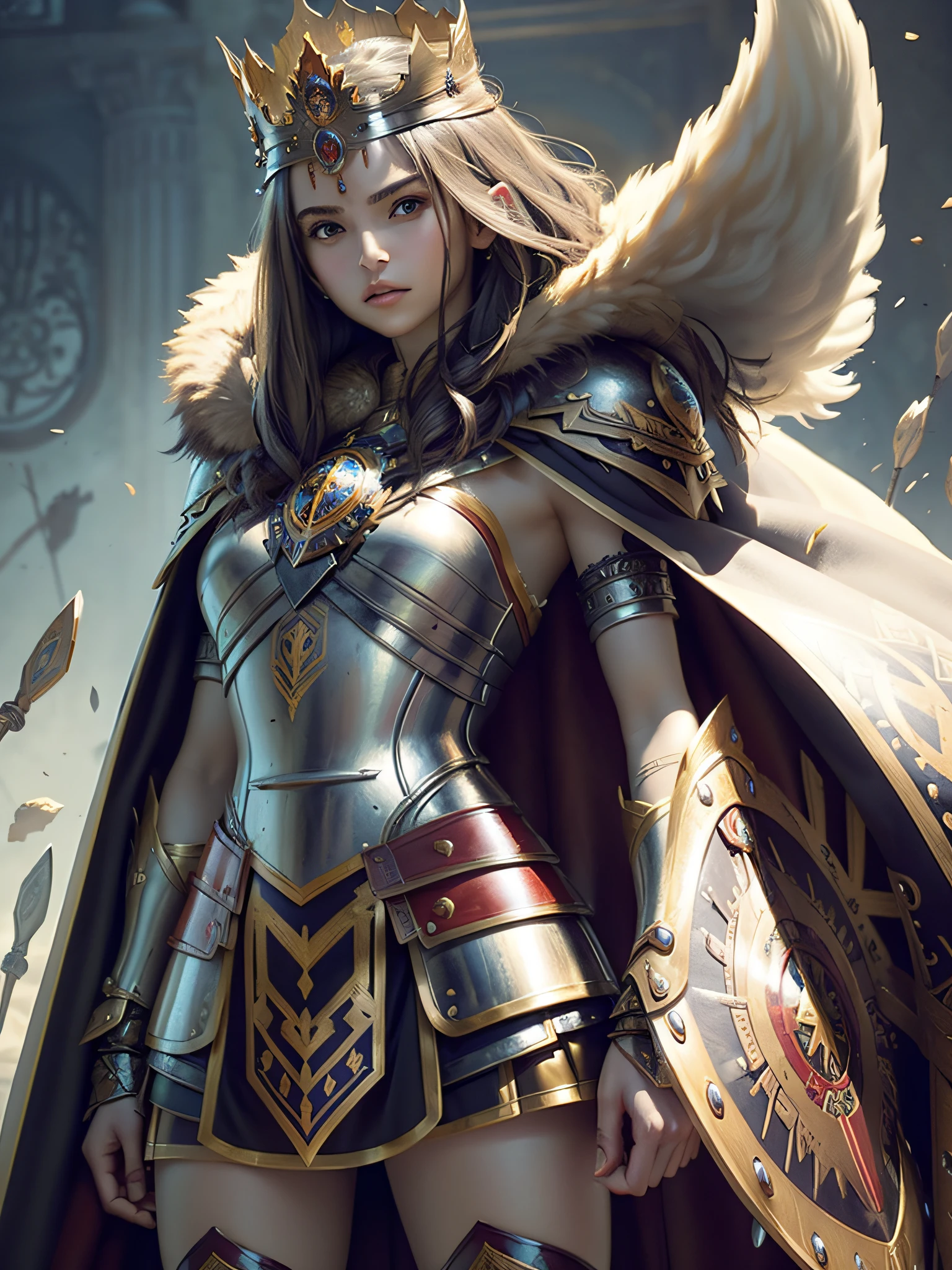 (masterpiece, top quality, best quality, official art, beautiful and aesthetic:1.2), (1girl), (warrior queen armor, fur-lined cape, jeweled crown:1.2),serious