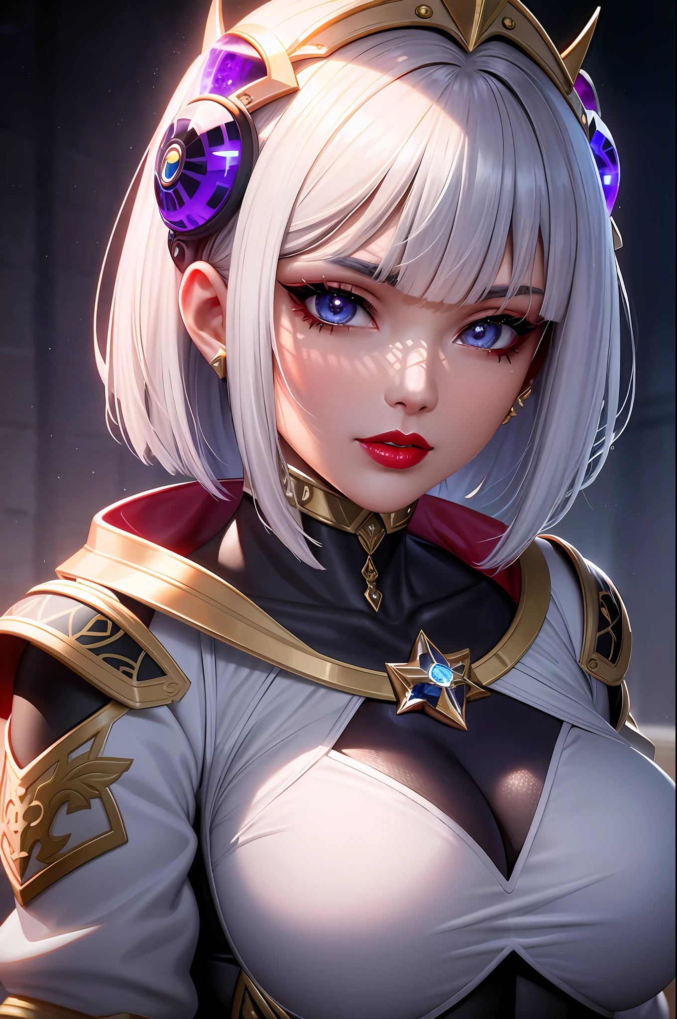 (Masterpiece) realistic BIG bust to the pelvic area of a beauty hyperrealist & photorealist beauty young astonishing idol kpop KNIGHT QUEEN girl in highly & extremely detailed black & white futuristic combat suit body (WITH IRON TEXTURE) with cape & scarf (masterpiece), magic & incantation glowing flying surrounded her, Unity 8k, pearly perfect tanned wet skin with pores (short bob cut hair with colorful bangs fringes) ((perfect face shapes, complete perfect red lips, perfect nose, correct beautiful eyes, eyelashes, detailed intricate iris textured face in ZBrush)), full HD vines, midnight aura, BLOODBOURNE style aesthetic, developed by Unreal Engine 5, Ultra Sharp Focus, Art by Alberto Seveso, Sci-Fi, vibrant & intricate Artwork, golden Ratio, epic