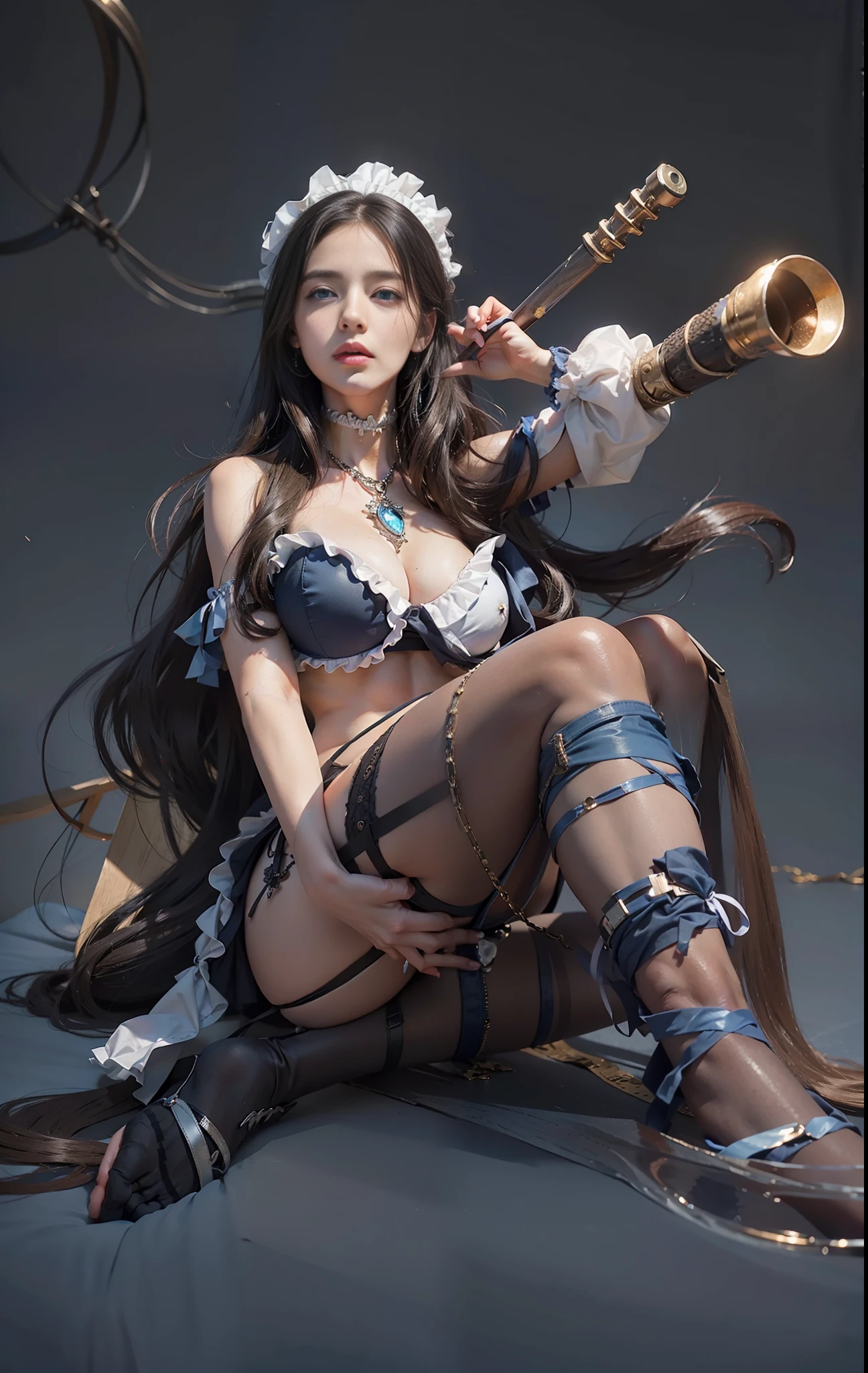 (female:1.2) (bodybuilder:0.8), hyper realistic, masterpiece, photorealistic, real skin, detailed face, detailed skin, detailed lighting, 1girl, (blue eyes), large breasts, navel, long hair, black hair, frills, seductive face, thigh, seductive pose, cute tits