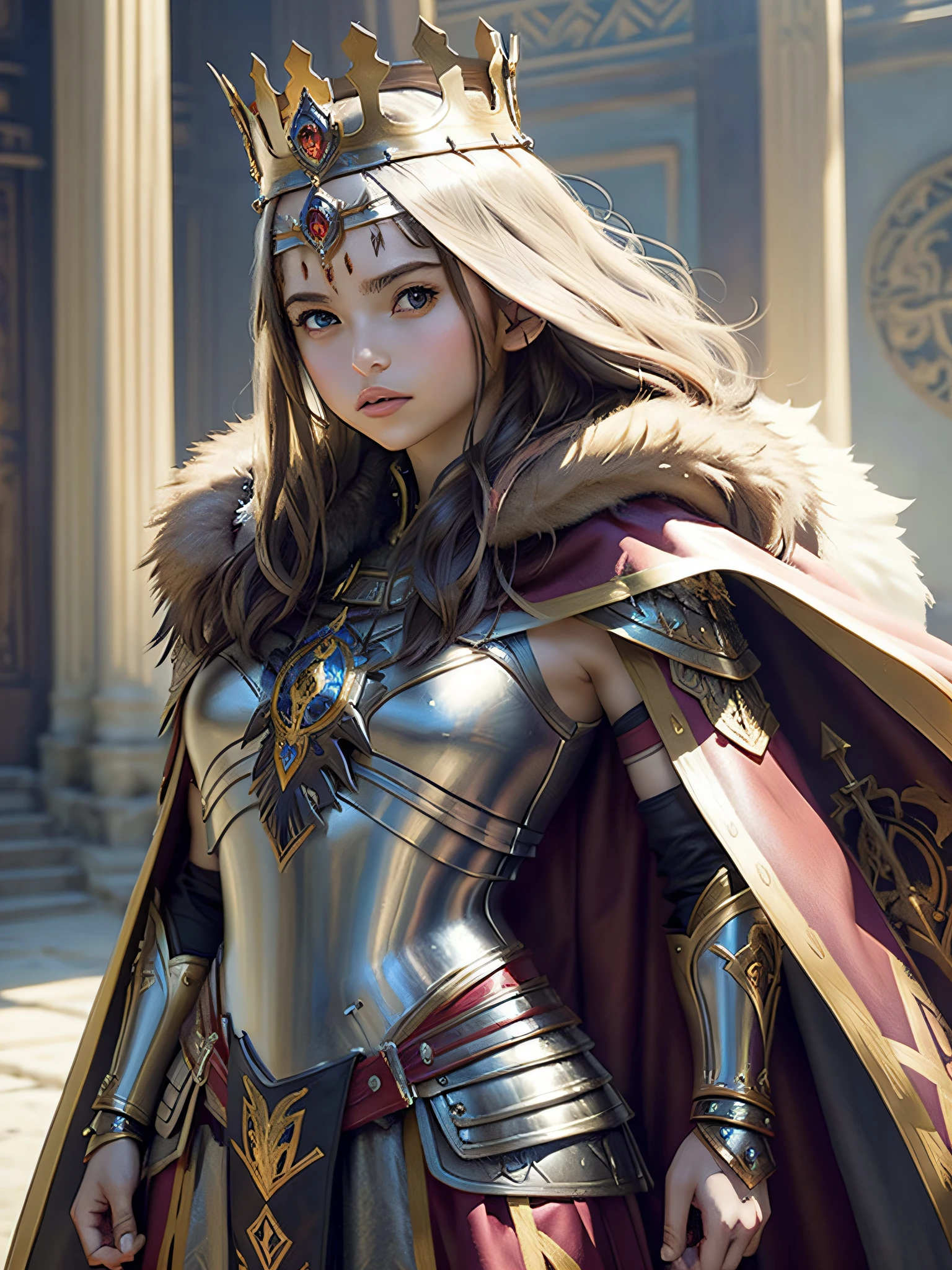 (masterpiece, top quality, best quality, official art, beautiful and aesthetic:1.2), (1girl), (warrior queen armor, fur-lined cape, jeweled crown:1.2),serious