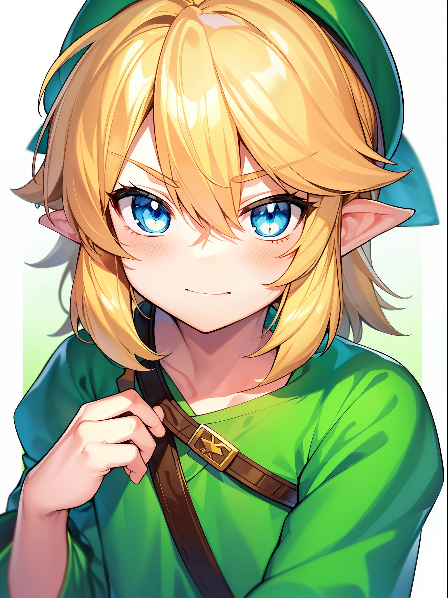 the face of a cute boy in a green tunic a smug expression, smug, blond hair, blue eyes, chibi, emoji, icon, white background,, (masterpiece), (incredible detail), 4k, (1boy),  best quality, incredible detail, 4k, masterpiece, hat, Link, the legend of zelda,