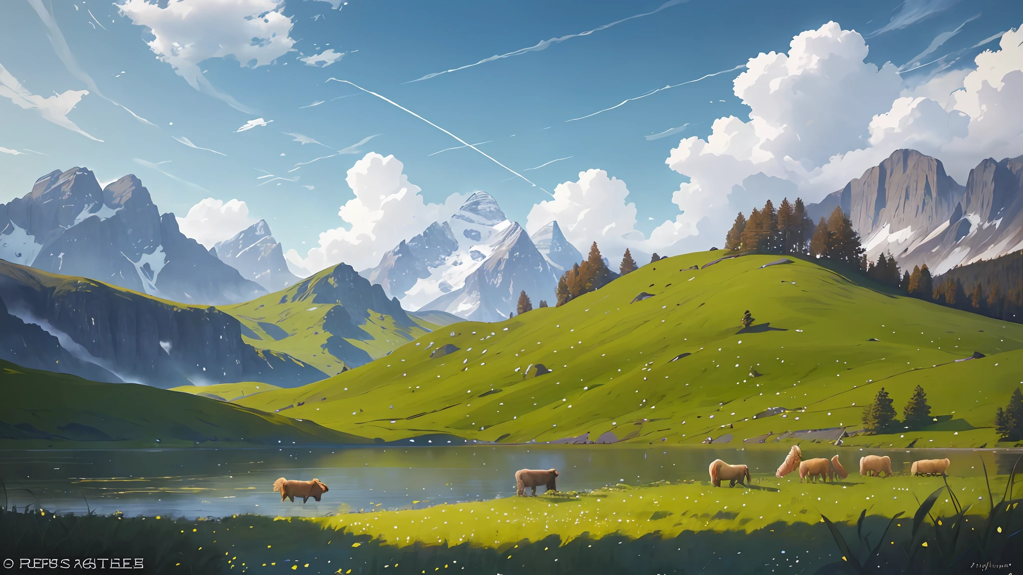 a field near a lake, by Adrian Zingg, by Johannes Voss, detailed scenery—width 672, beautiful rendering of a landscape, an epic landscape, by Aleksander Gine, by sylvain sarrailh, wlop and rhads, by Franz Hegi, ross tran. Scenic background, illustration matte painting