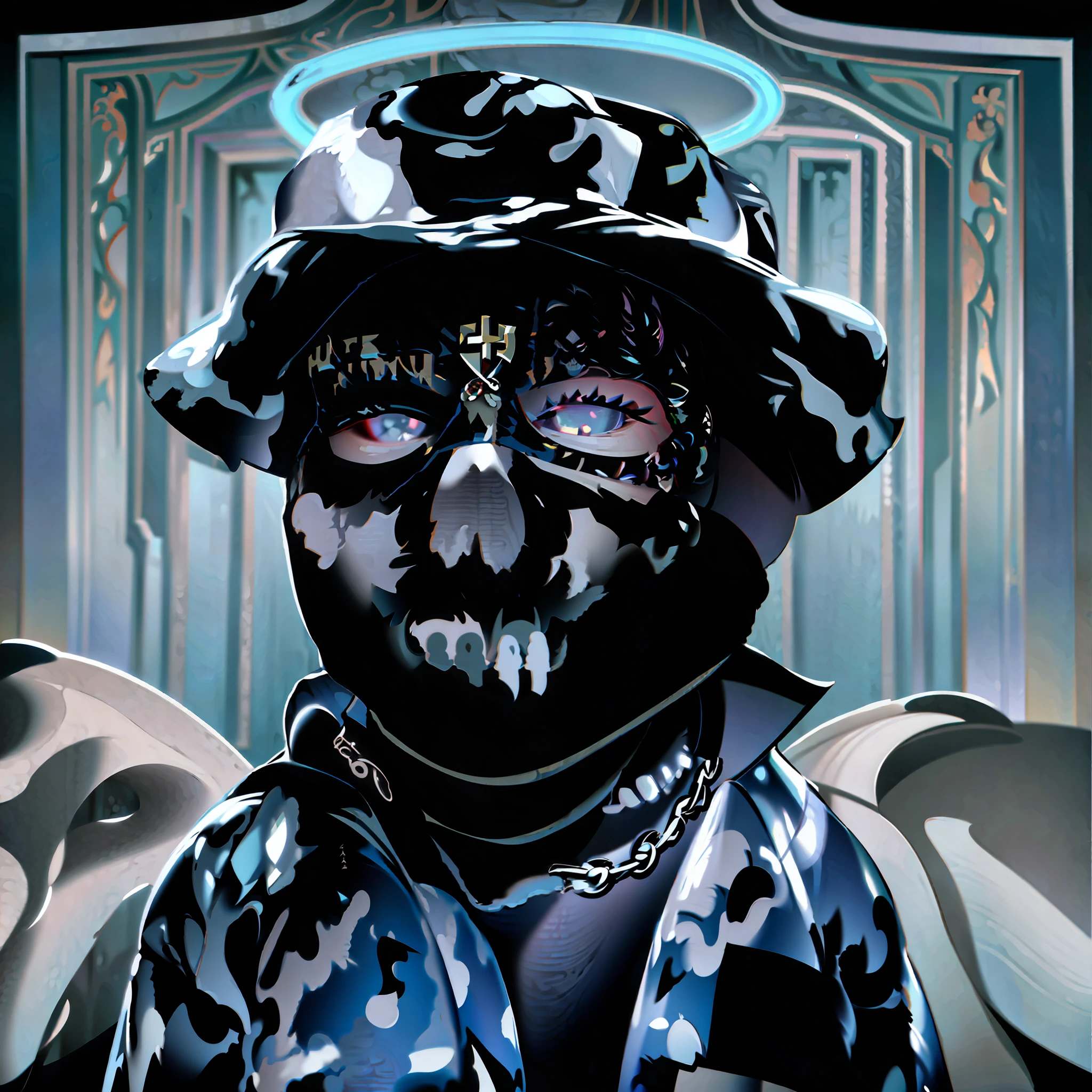 arafed man wearing a black mask with a skull and angel wings, catholicpunk, bladee from drain gang, profile pic, catholic punk, totalitarian socialist angel, wearing angel halo covered face, new album cover, yung lean, orthodox symbolism diesel punk, portrait of the angel of death, grimes - book 1 album cover, alternate album cover, album art, anton