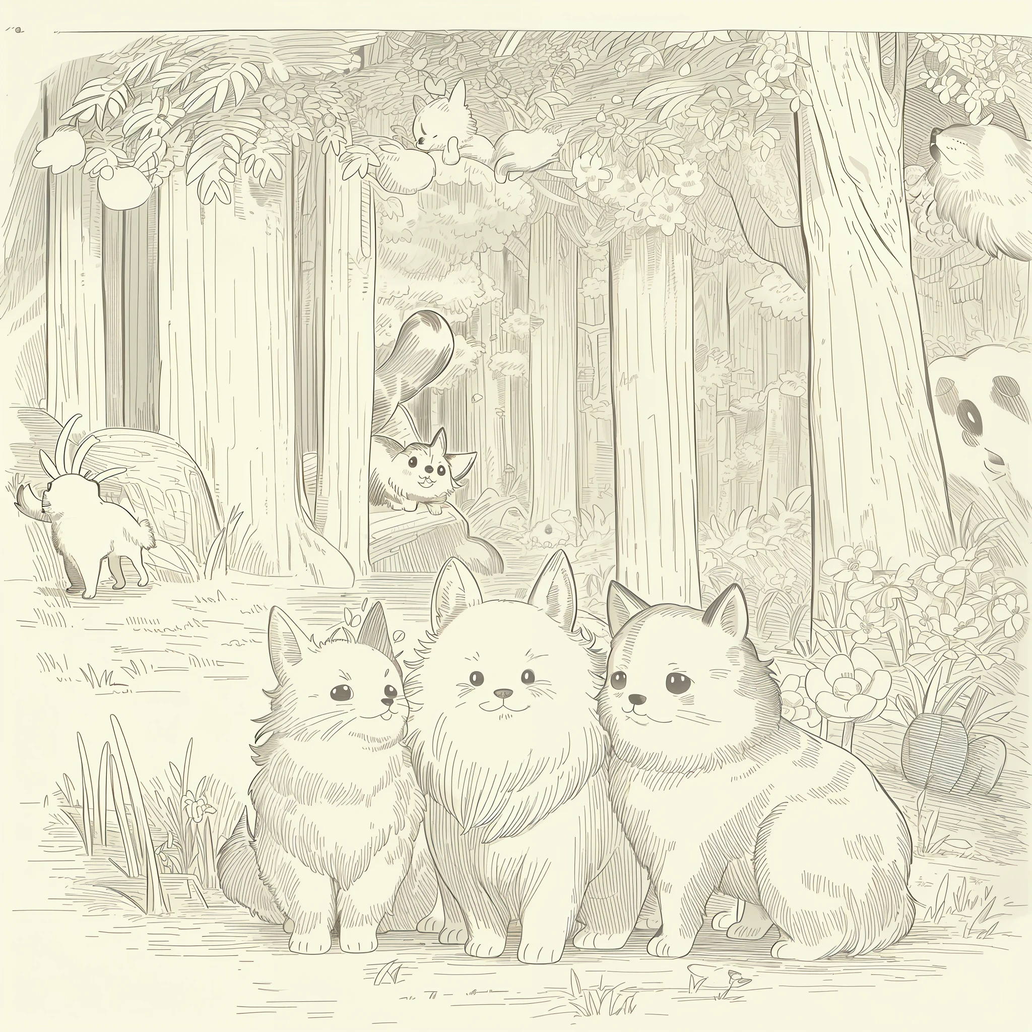 (High quality, 8k) line drawing, lineart, black and white, 1 cute and fluffy chihuahua dog and 1 fluffy and cute cat in the forest with trees and flowers