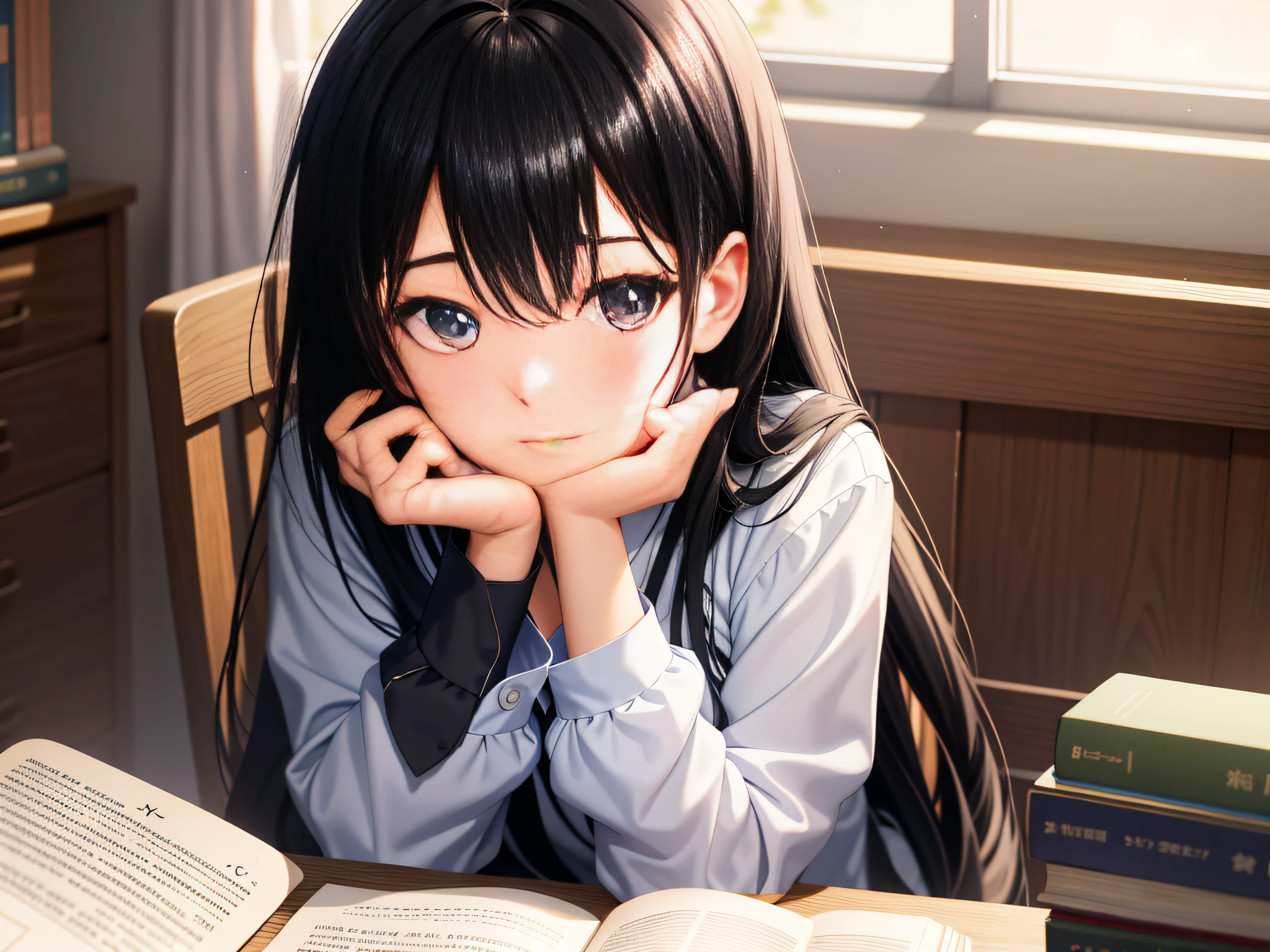 Black haired anime girl sitting at the table burying her head in a book, blue eyes reveal smart wisdom, smooth anime CG art shows a surreal female student image, a beautiful high school girl shuttles between reality and unreal, cute anime style accompanied by soft lighting, 8K anime art wallpaper presents you with this cute girl's anime vision.