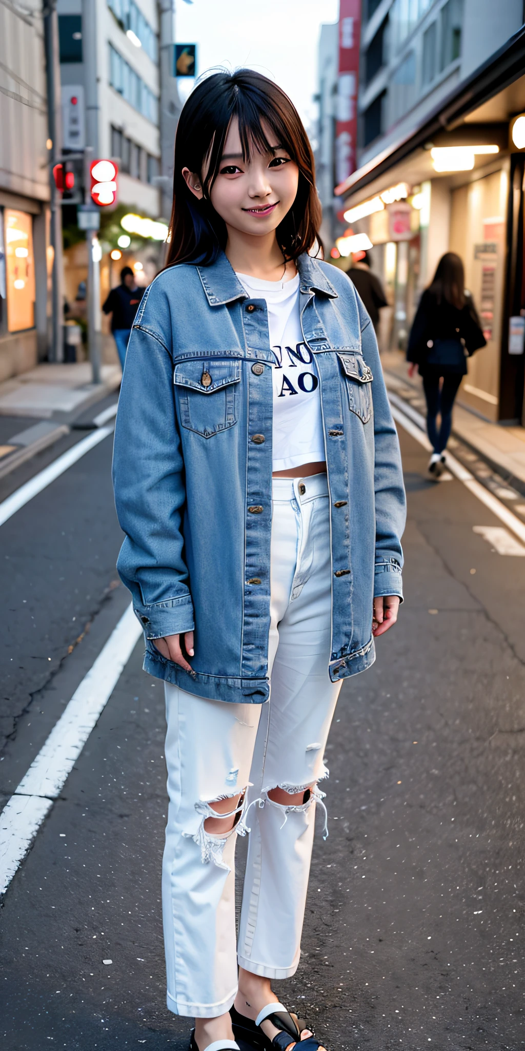 21yr old asian girlfriend standing on the empty streets of tokyo, wearing denim jacket and jeans, smiling